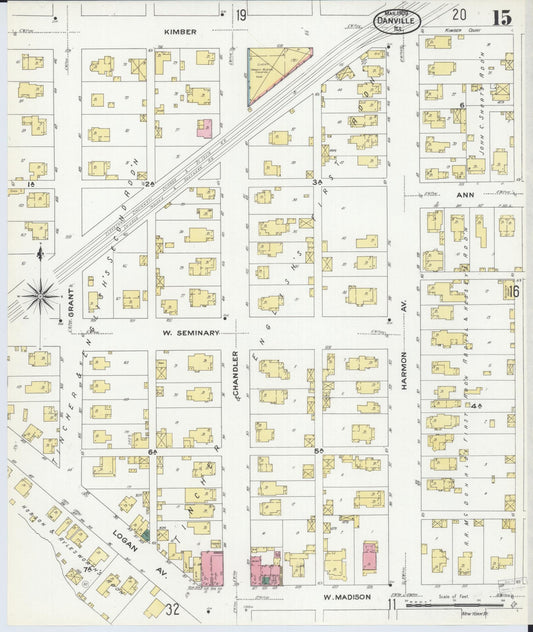 Sanborn Fire Insurance Map from Danville, Vermilion County, Illinois (1909), Sheet #0015 - Historic Sanborn Fire Insurance Map Print, vintage old map wall art, antique decor, genealogy gift, Illinois Illinois map