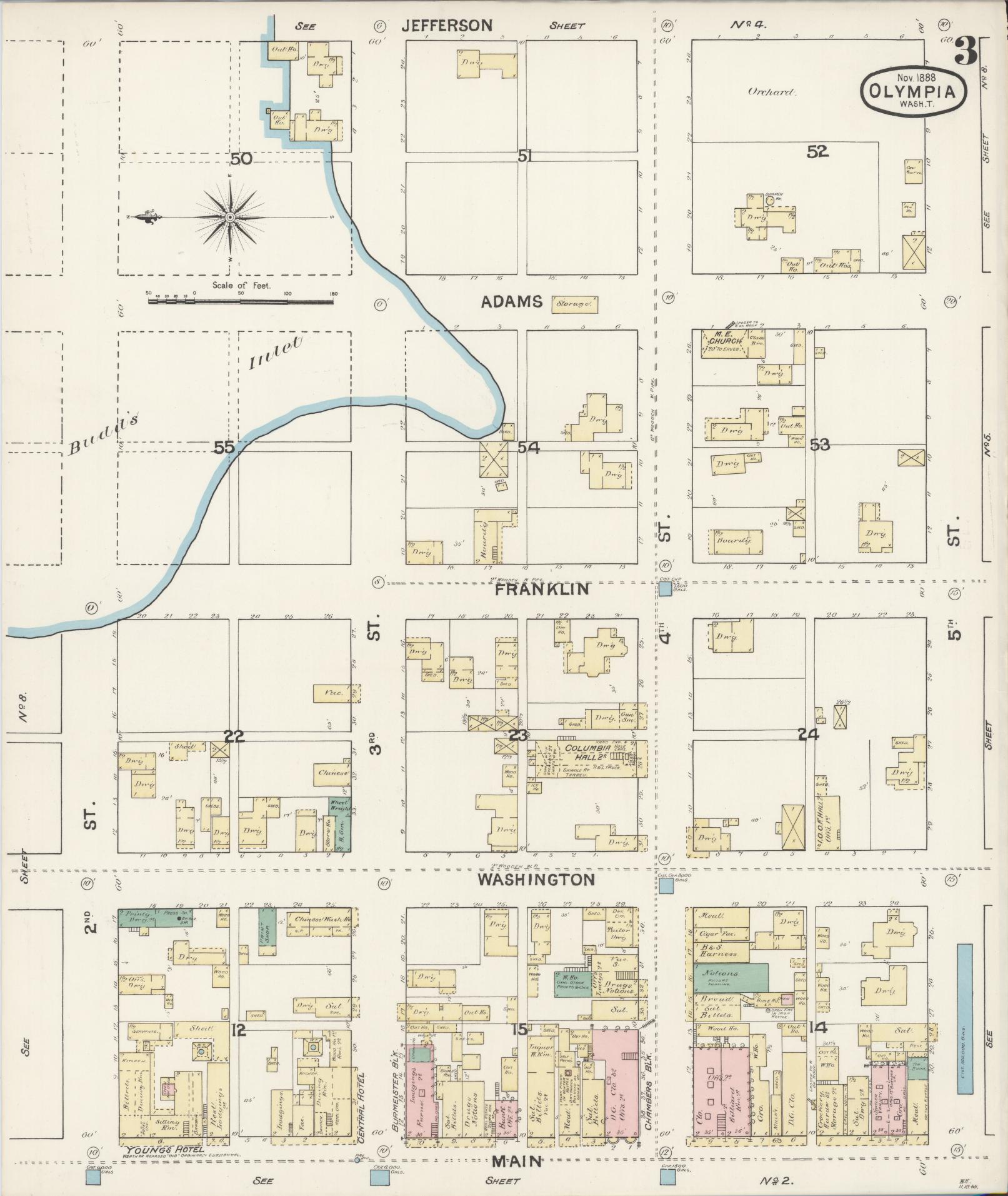 Sanborn Fire Insurance Map from Olympia, Thurston County, Washington (1888), Sheet #0003 - Complete Map Set gallery image, historic Sanborn map, vintage wall art, Washington Washington