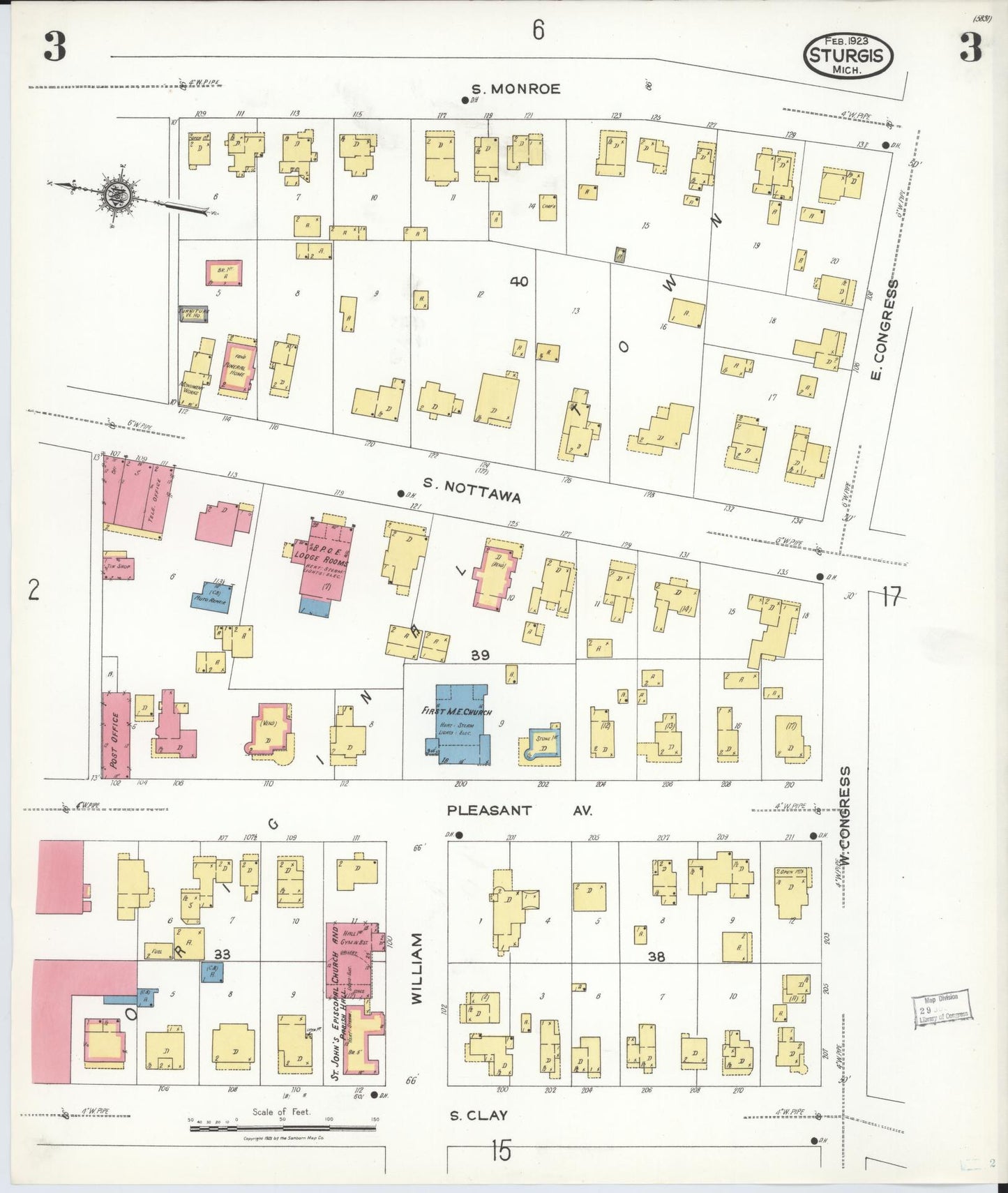 Sanborn Fire Insurance Map from Sturgis, Saint Joseph County, Michigan (1923), Sheet #0003 - Historic Sanborn Fire Insurance Map Print, vintage old map wall art, antique decor, genealogy gift, Michigan Michigan map