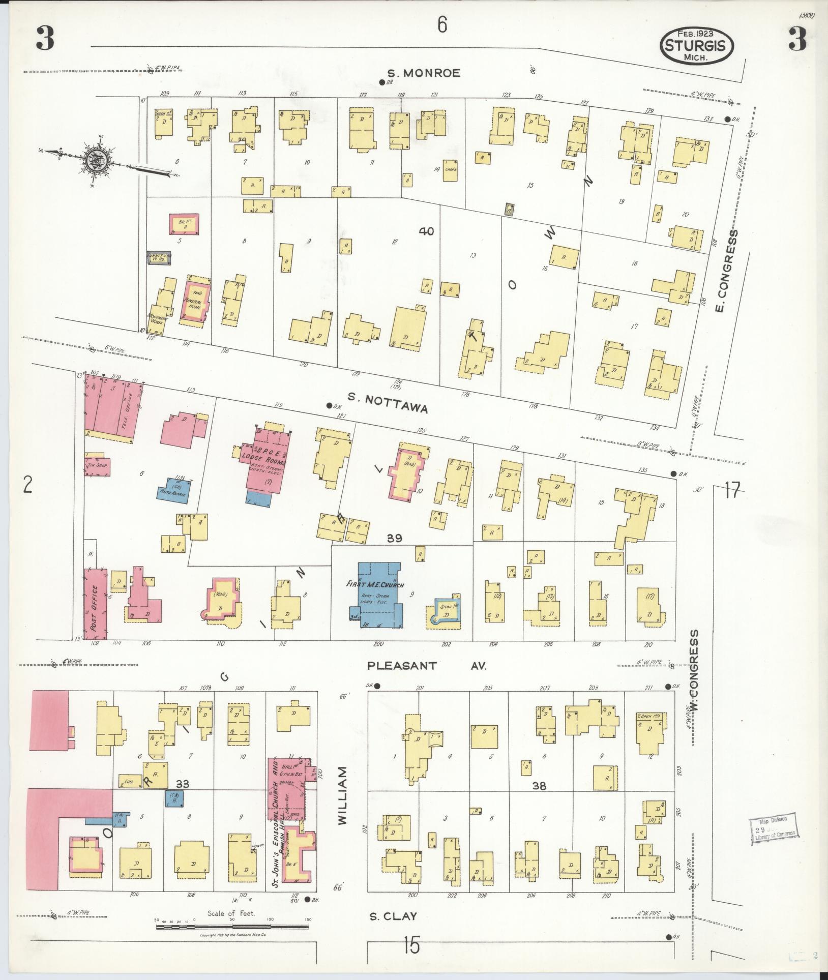 Sanborn Fire Insurance Map from Sturgis, Saint Joseph County, Michigan (1923), Sheet #0003 - Historic Sanborn Fire Insurance Map Print, vintage old map wall art, antique decor, genealogy gift, Michigan Michigan map