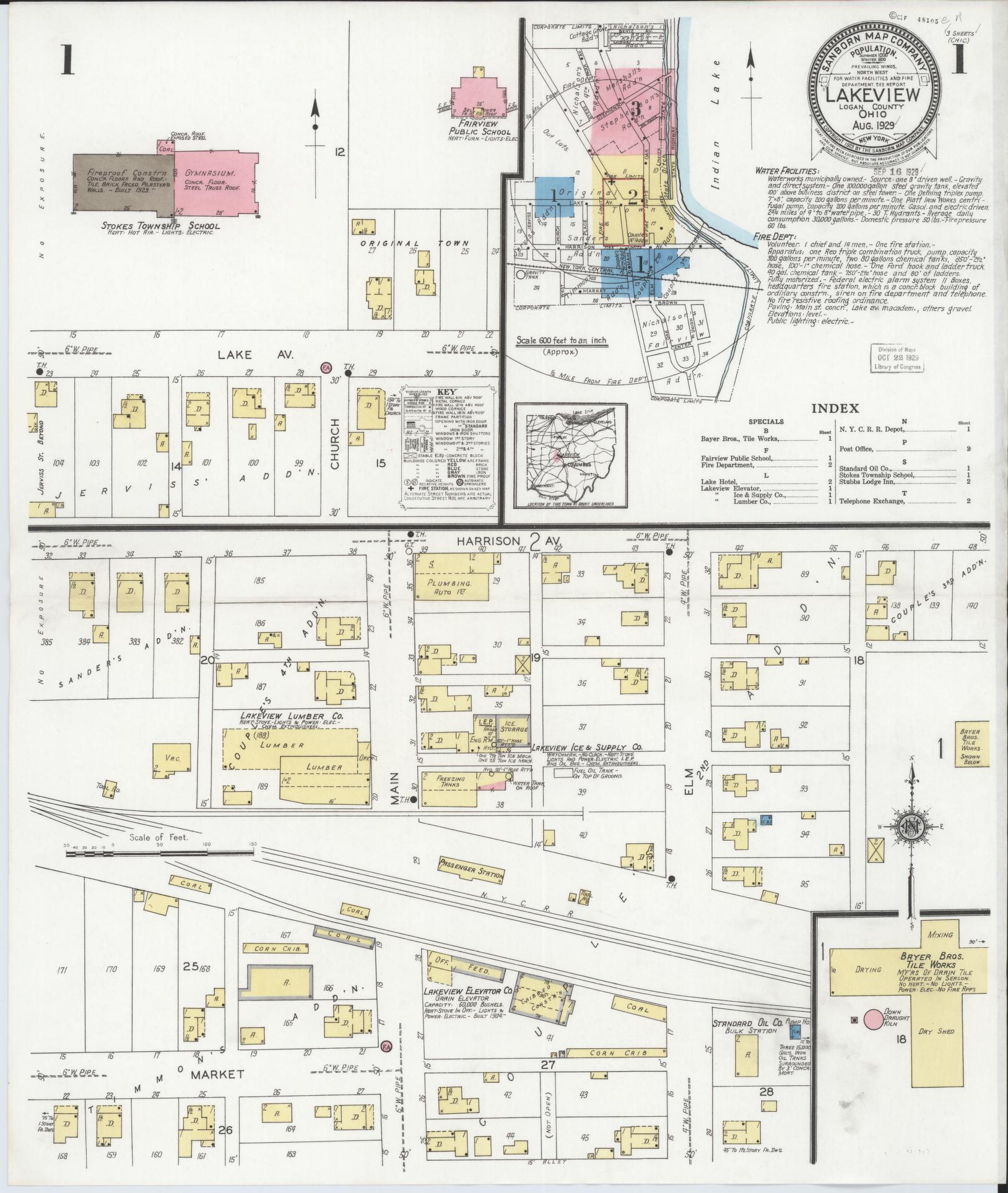 Sanborn Fire Insurance Map from Lakeview, Logan County, Ohio (1929), Sheet #0001 - Historic Sanborn Fire Insurance Map Print, vintage old map wall art, antique decor, genealogy gift, Ohio Ohio map