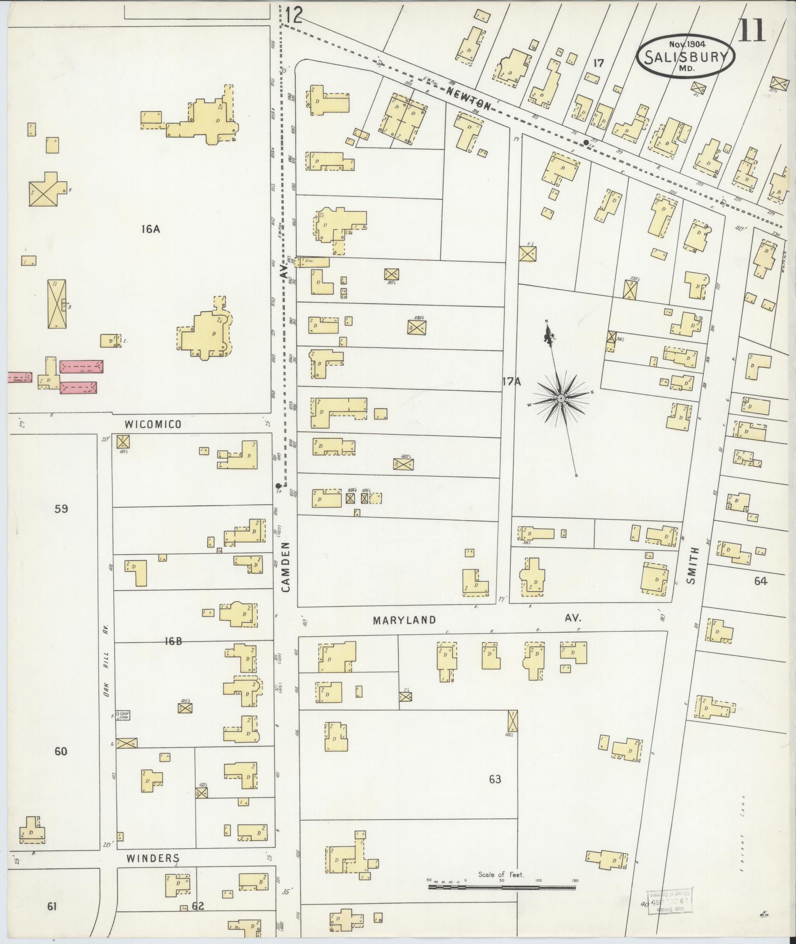 Sanborn Fire Insurance Map from Salisbury, Wicomico County, Maryland (1904), Sheet #0011 - Historic Sanborn Fire Insurance Map Print, vintage old map wall art