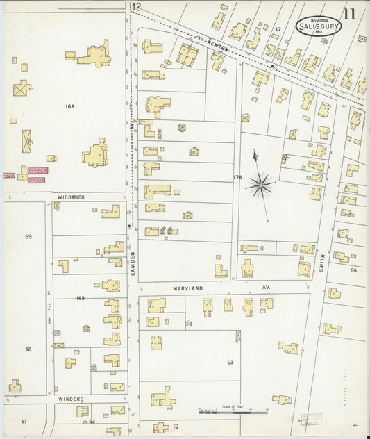 Sanborn Fire Insurance Map from Salisbury, Wicomico County, Maryland (1904), Sheet #0011 - Historic Sanborn Fire Insurance Map Print, vintage old map wall art
