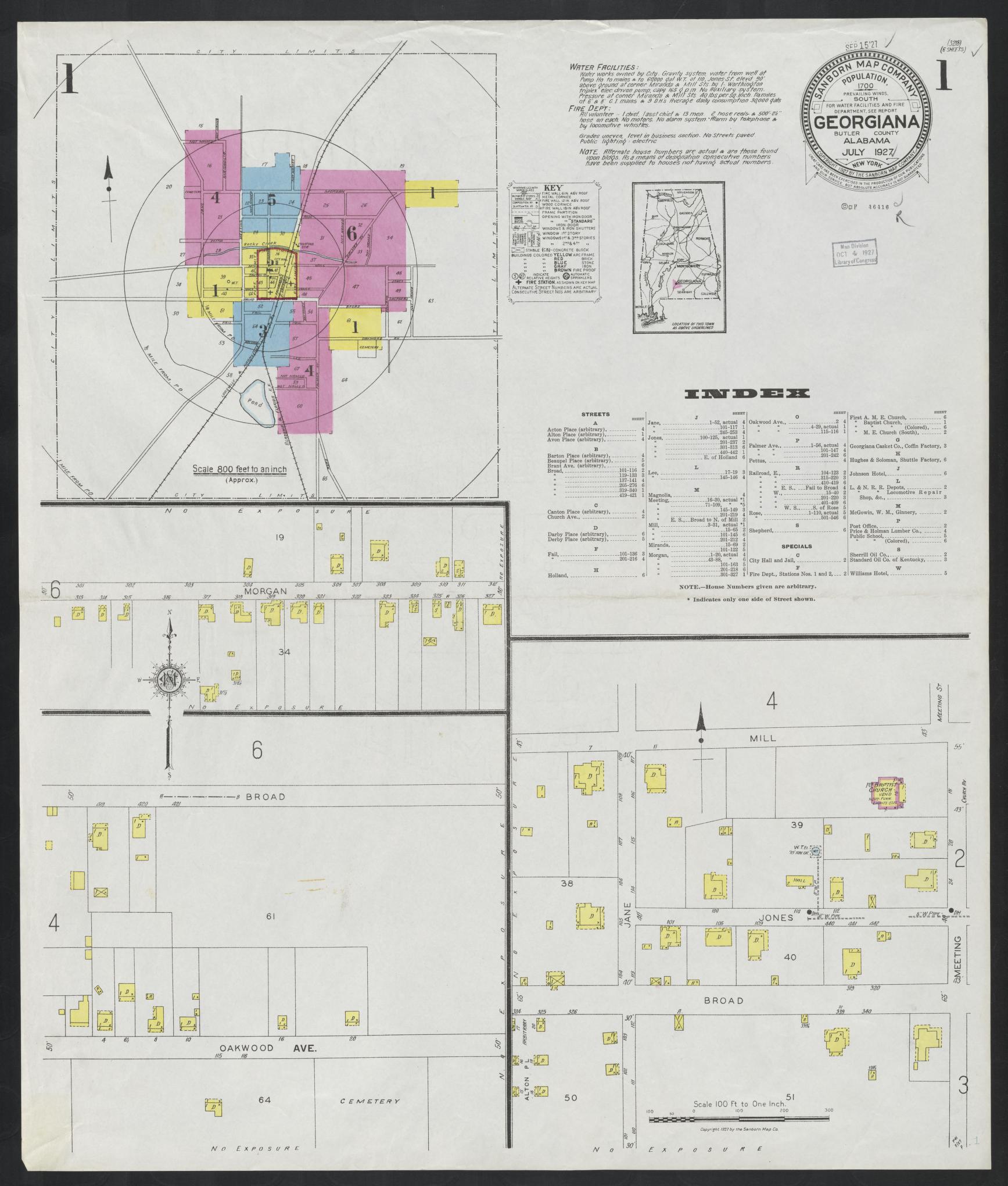 Sanborn Fire Insurance Map from Georgiana, Butler County, Alabama (1927), Sheet #0001 - Historic Sanborn Fire Insurance Map Print, vintage old map wall art, antique decor, genealogy gift, Alabama Alabama map