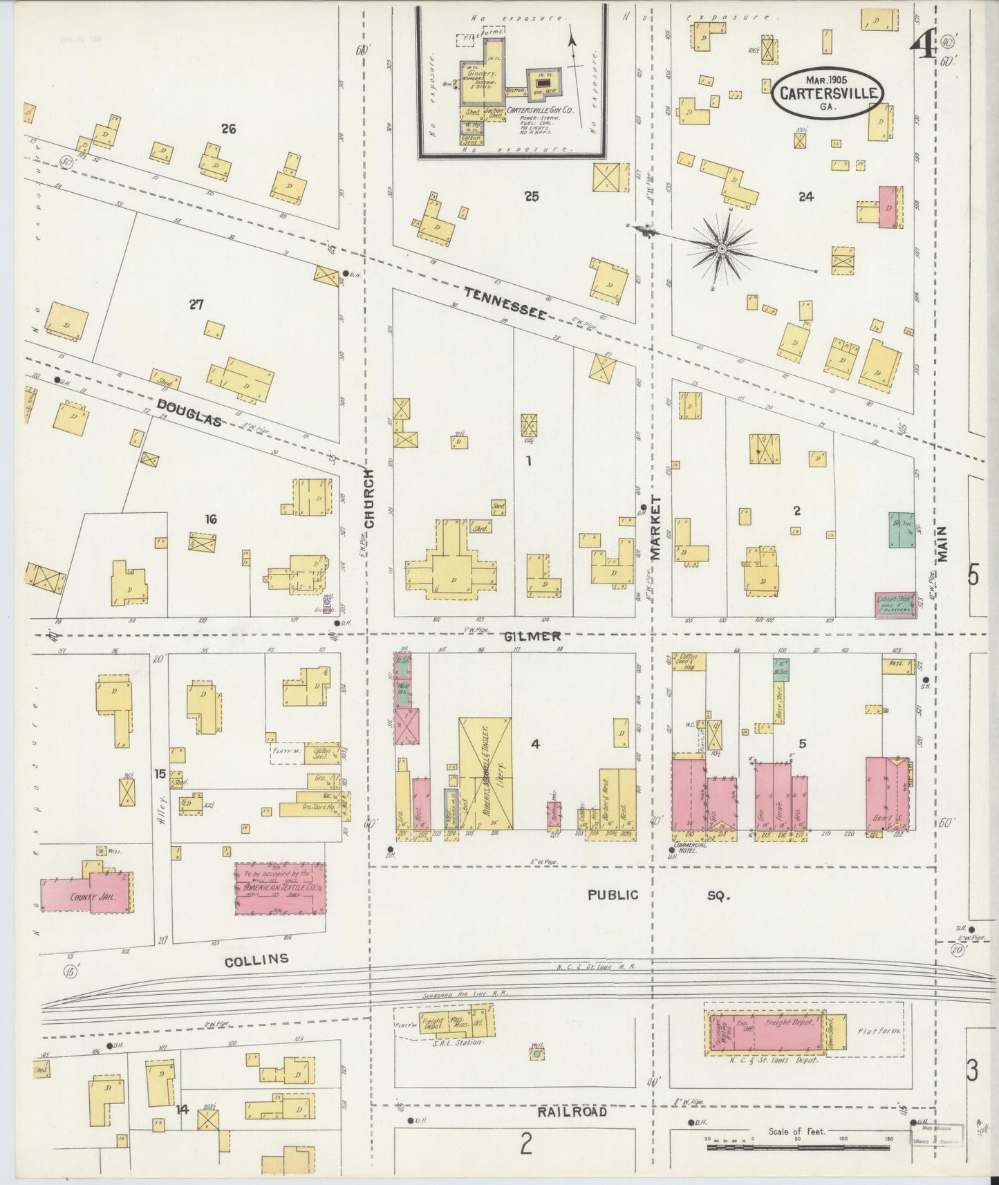 Sanborn Fire Insurance Map from Cartersville, Bartow County, Georgia (1905), Sheet #0004 - Complete Map Set gallery image, historic Sanborn map, vintage wall art, Georgia Georgia
