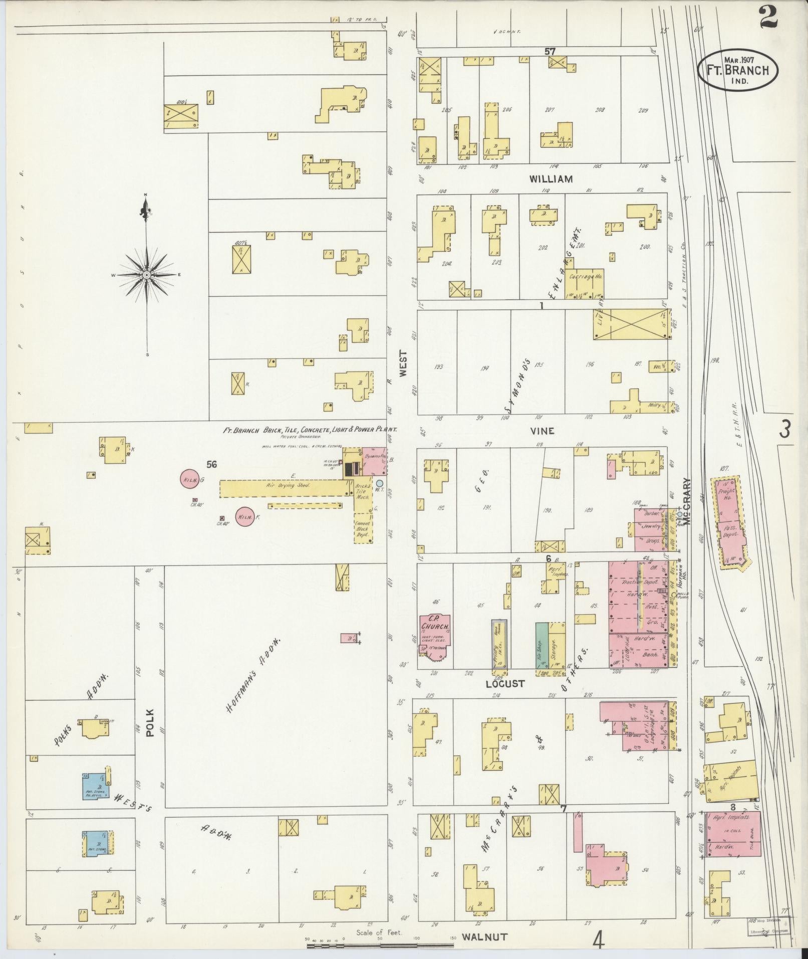 Sanborn Fire Insurance Map from Fort Branch, Gibson County, Indiana (1907), Sheet #0002 - Historic Sanborn Fire Insurance Map Print, vintage old map wall art, antique decor, genealogy gift, Indiana Indiana map
