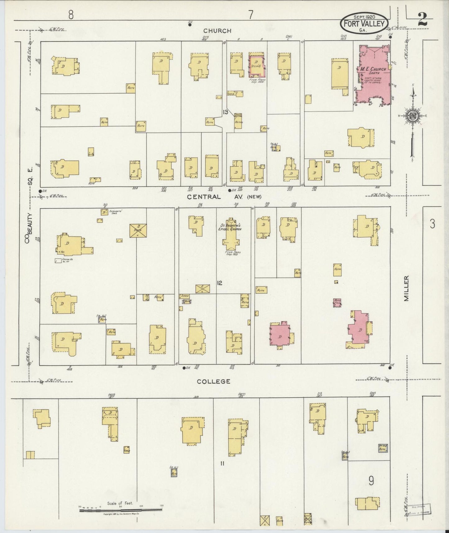 Sanborn Fire Insurance Map from Fort Valley, Peach County, Georgia (1920), Sheet #0002 - Complete Map Set gallery image, historic Sanborn map, vintage wall art, Georgia Georgia