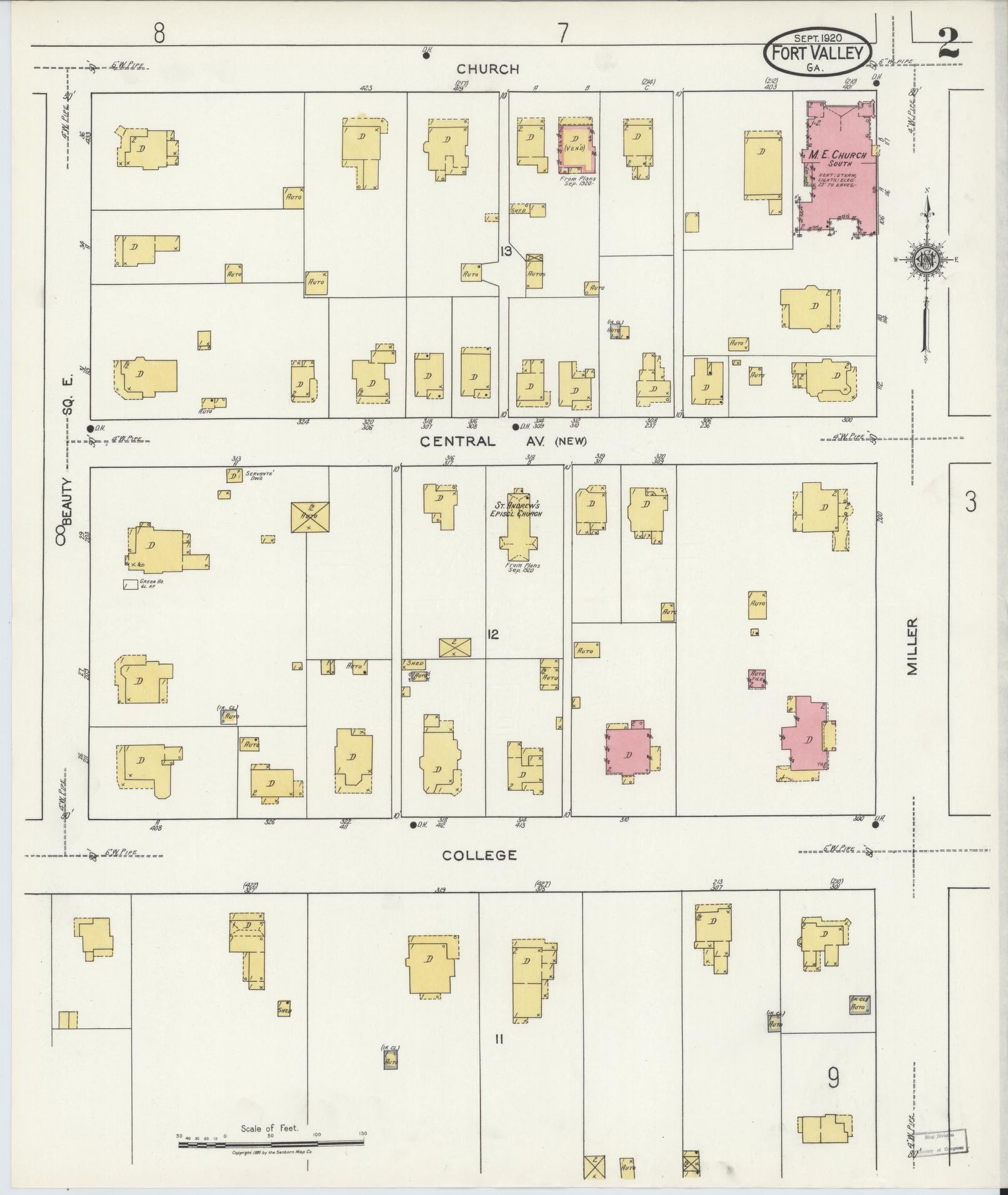 Sanborn Fire Insurance Map from Fort Valley, Peach County, Georgia (1920), Sheet #0002 - Complete Map Set gallery image, historic Sanborn map, vintage wall art, Georgia Georgia