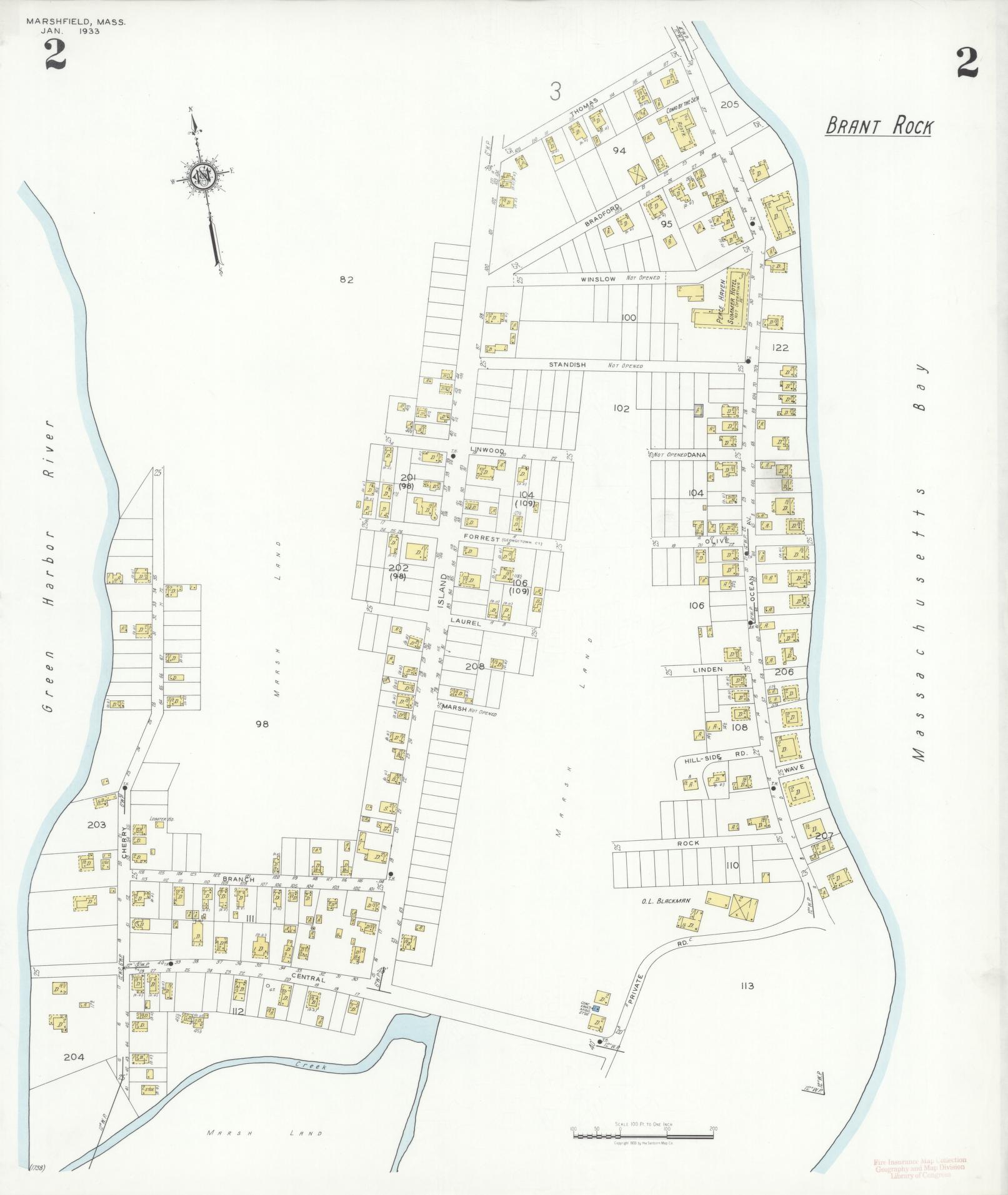 Sanborn Fire Insurance Map from Marshfield, Plymouth County, Massachusetts (1933), Sheet #0002 - Complete Map Set gallery image, historic Sanborn map, vintage wall art, Massachusetts Massachusetts