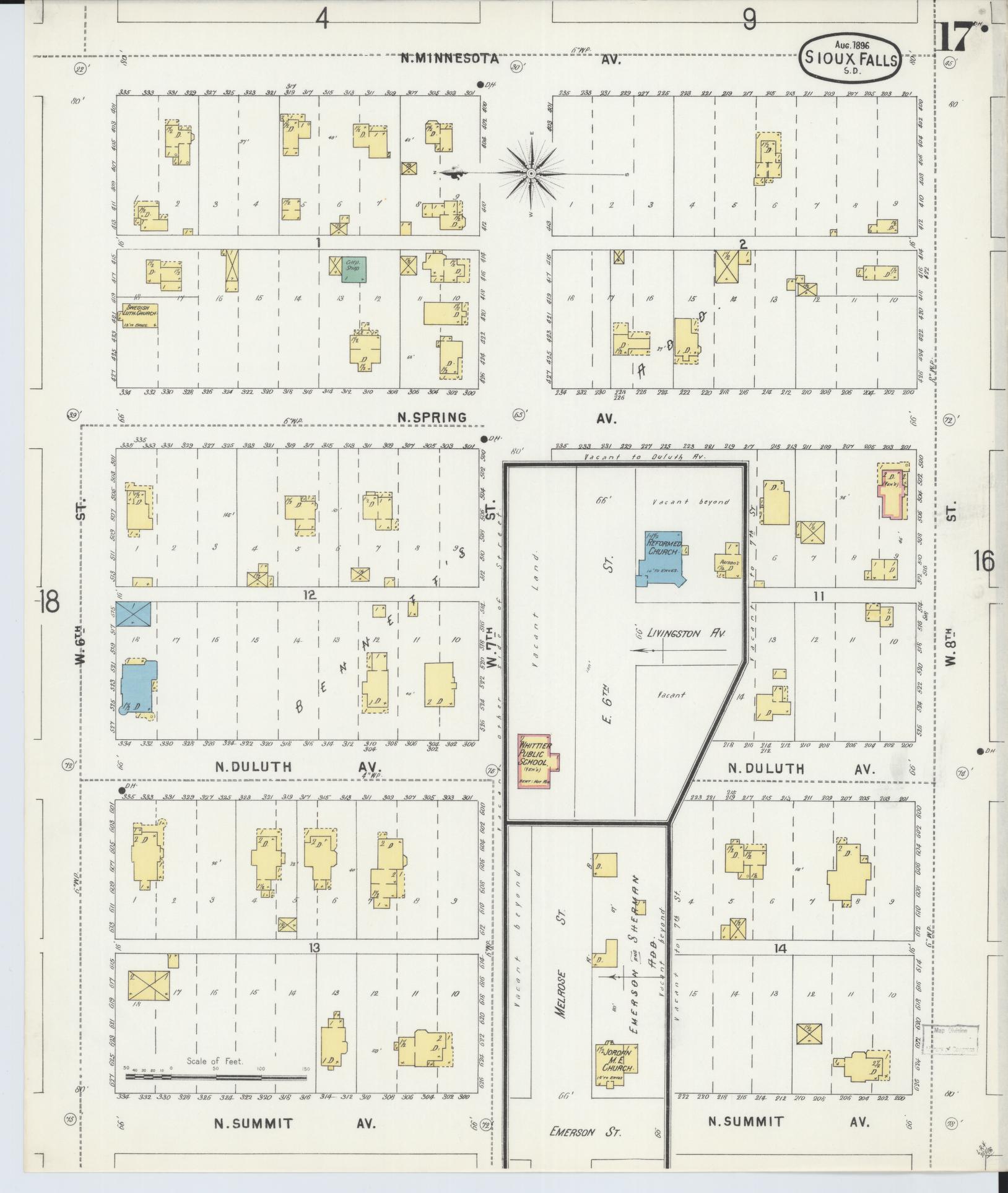 Sanborn Fire Insurance Map from Sioux Falls, Minnehaha County, South Dakota (1896), Sheet #0017 - Historic Sanborn Fire Insurance Map Print, vintage old map wall art, antique decor, genealogy gift, South Dakota South Dakota map