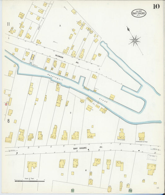 Sanborn Fire Insurance Map from Bay Shore, Suffolk County, New York (1909), Sheet #0010 - Historic Sanborn Fire Insurance Map Print, vintage old map wall art, antique decor, genealogy gift, New York New York map