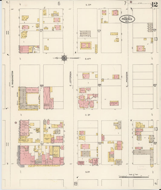 Sanborn Fire Insurance Map from Phoenix, Maricopa County, Arizona (1911), Sheet #0012 - Historic Sanborn Fire Insurance Map Print, vintage old map wall art, antique decor, genealogy gift, Arizona Arizona map