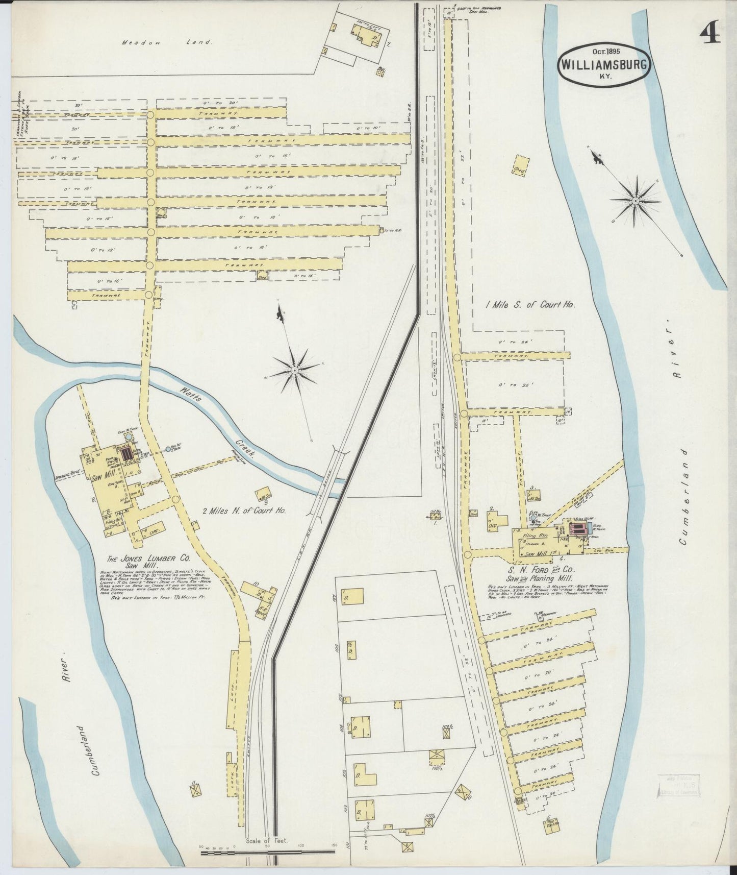 Sanborn Fire Insurance Map from Williamsburg, Whitley County, Kentucky (1895), Sheet #0004 - Historic Sanborn Fire Insurance Map Print, vintage old map wall art, antique decor, genealogy gift, Kentucky Kentucky map