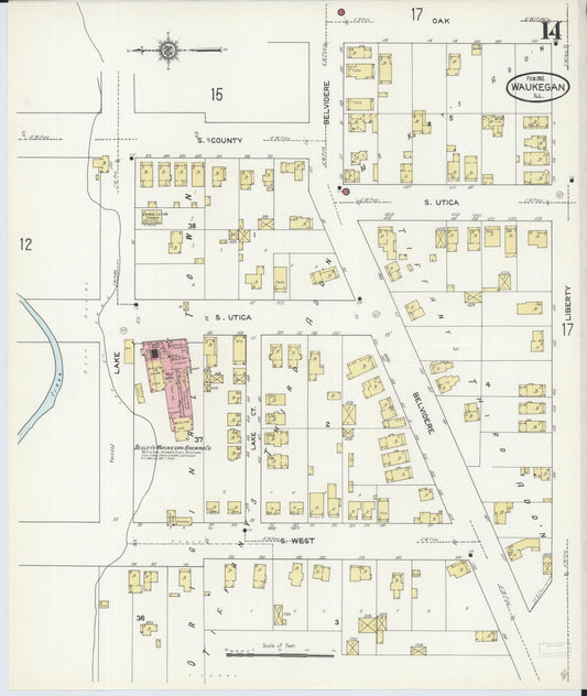 Sanborn Fire Insurance Map from Waukegan, Lake County, Illinois (1912), Sheet #0014 - Historic Sanborn Fire Insurance Map Print, vintage old map wall art, antique decor, genealogy gift, Illinois Illinois map