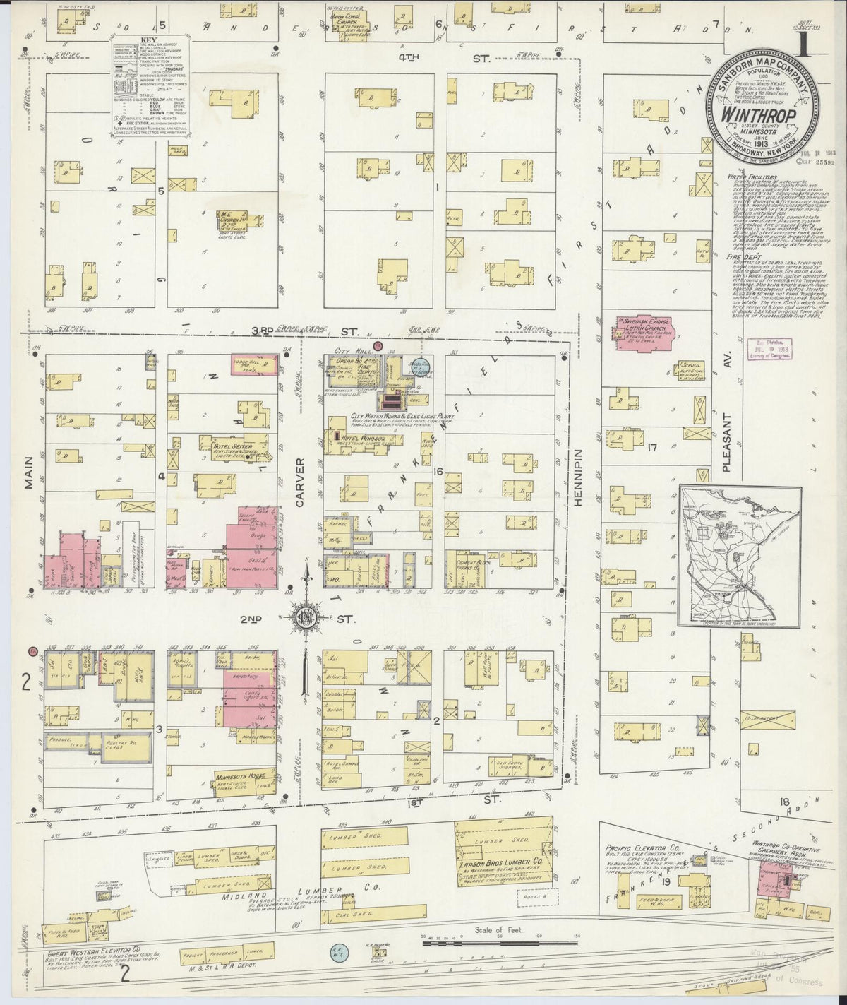 Sanborn Fire Insurance Map from Winthrop, Sibley County, Minnesota (1913), Sheet #0001 - Historic Sanborn Fire Insurance Map Print, vintage old map wall art, antique decor, genealogy gift, Minnesota Minnesota map
