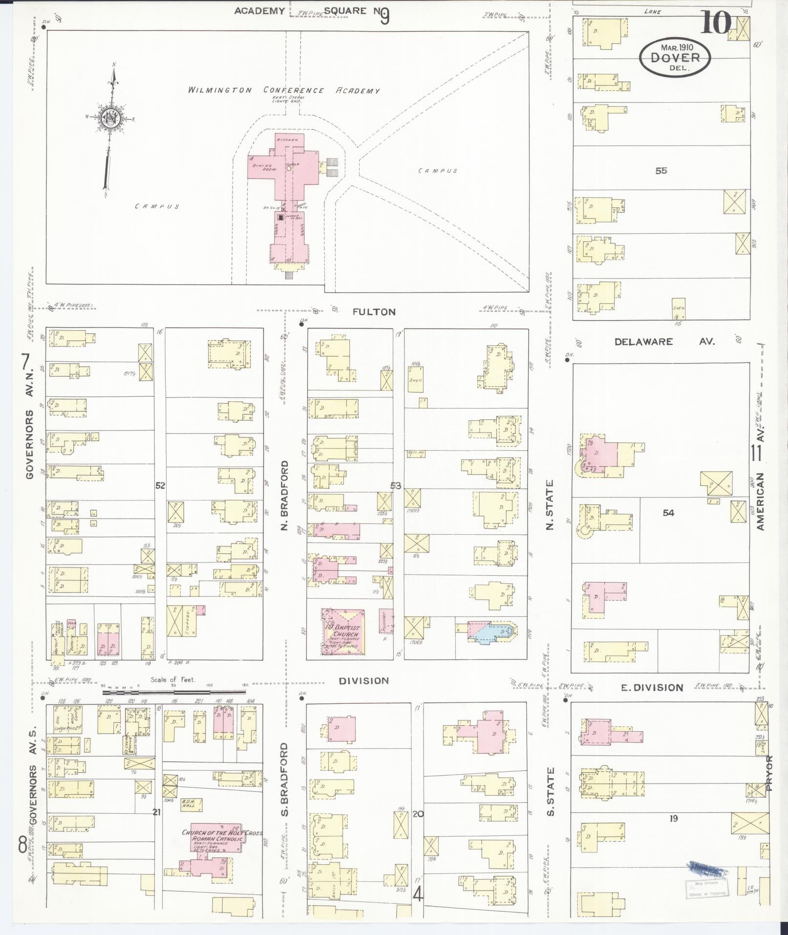 Sanborn Fire Insurance Map from Dover, Kent County, Delaware (1910), Sheet #0010 - Historic Sanborn Fire Insurance Map Print, vintage old map wall art, antique decor, genealogy gift, Delaware Delaware map