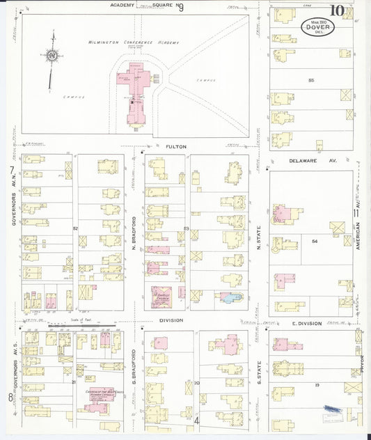 Sanborn Fire Insurance Map from Dover, Kent County, Delaware (1910), Sheet #0010 - Historic Sanborn Fire Insurance Map Print, vintage old map wall art, antique decor, genealogy gift, Delaware Delaware map
