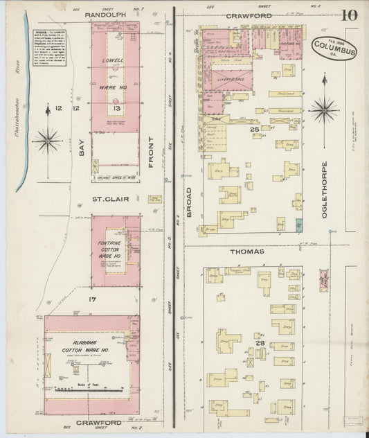 Sanborn Fire Insurance Map from Columbus, Muscogee County, Georgia (1885), Sheet #0010 - Historic Sanborn Fire Insurance Map Print, vintage old map wall art, antique decor, genealogy gift, Georgia Georgia map
