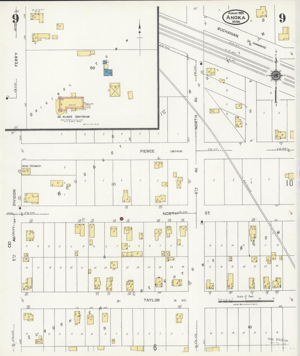 Sanborn Fire Insurance Map from Anoka, Anoka County, Minnesota (1925), Sheet #0009 - Complete Map Set gallery image, historic Sanborn map, vintage wall art, Minnesota Minnesota
