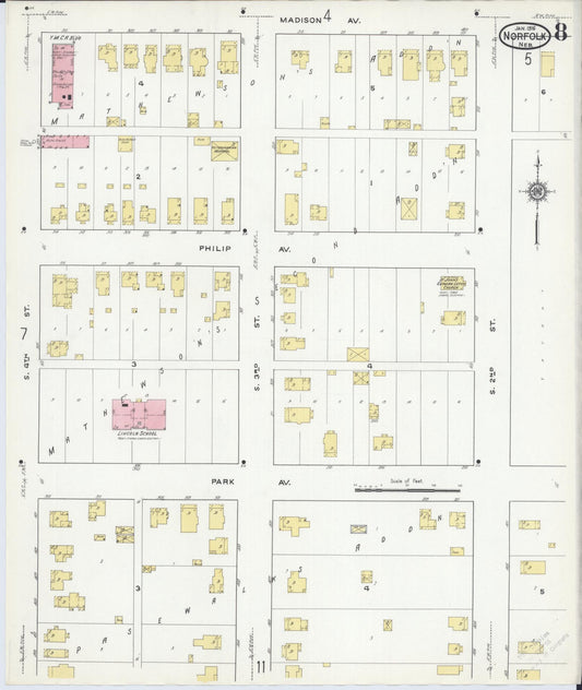 Sanborn Fire Insurance Map from Norfolk, Madison County, Nebraska (1916), Sheet #0008 - Historic Sanborn Fire Insurance Map Print, vintage old map wall art, antique decor, genealogy gift, Nebraska Nebraska map
