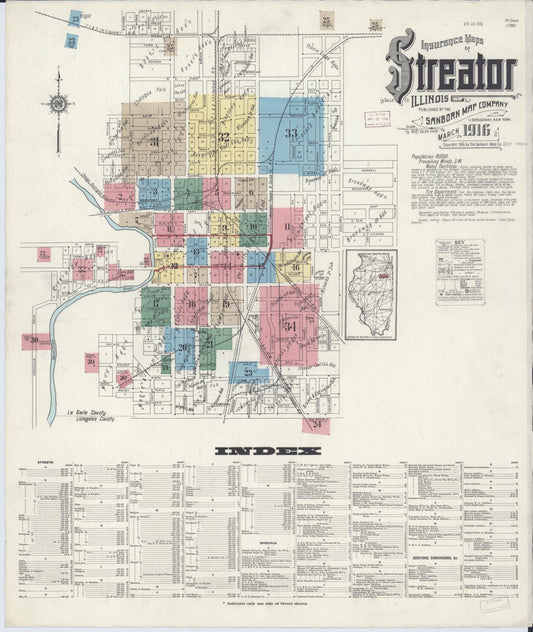Sanborn Fire Insurance Map from Streator, La Salle County, Illinois (1916), Sheet #0001 - Historic Sanborn Fire Insurance Map Print, vintage old map wall art, antique decor, genealogy gift, Illinois Illinois map