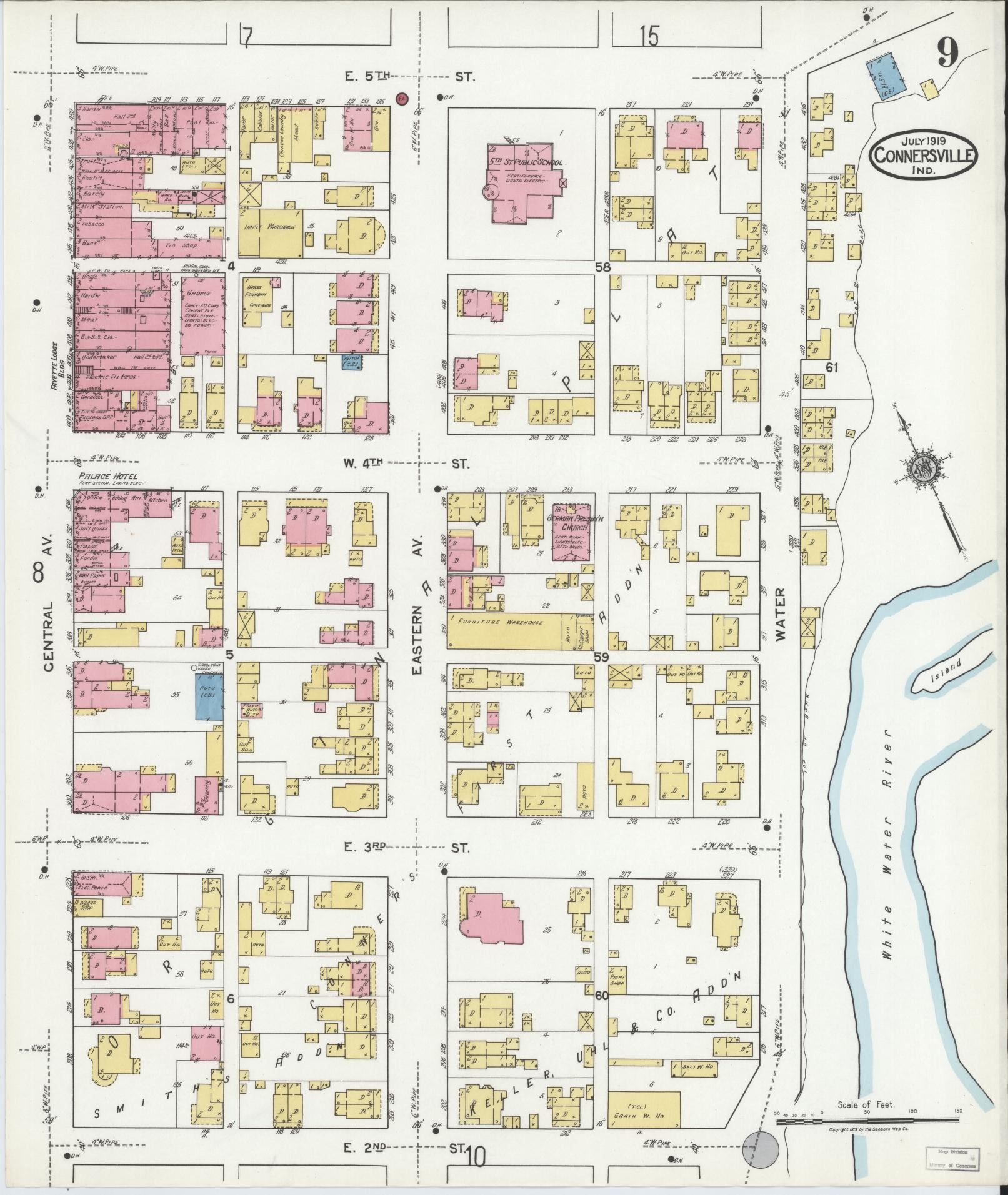 Sanborn Fire Insurance Map from Connersville, Fayette County, Indiana (1919), Sheet #0009 - Complete Map Set gallery image, historic Sanborn map, vintage wall art, Indiana Indiana