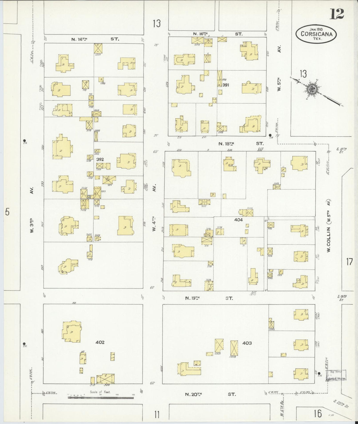 Sanborn Fire Insurance Map from Corsicana, Navarro County, Texas (1910), Sheet #0012 - Complete Map Set gallery image, historic Sanborn map, vintage wall art, Texas Texas