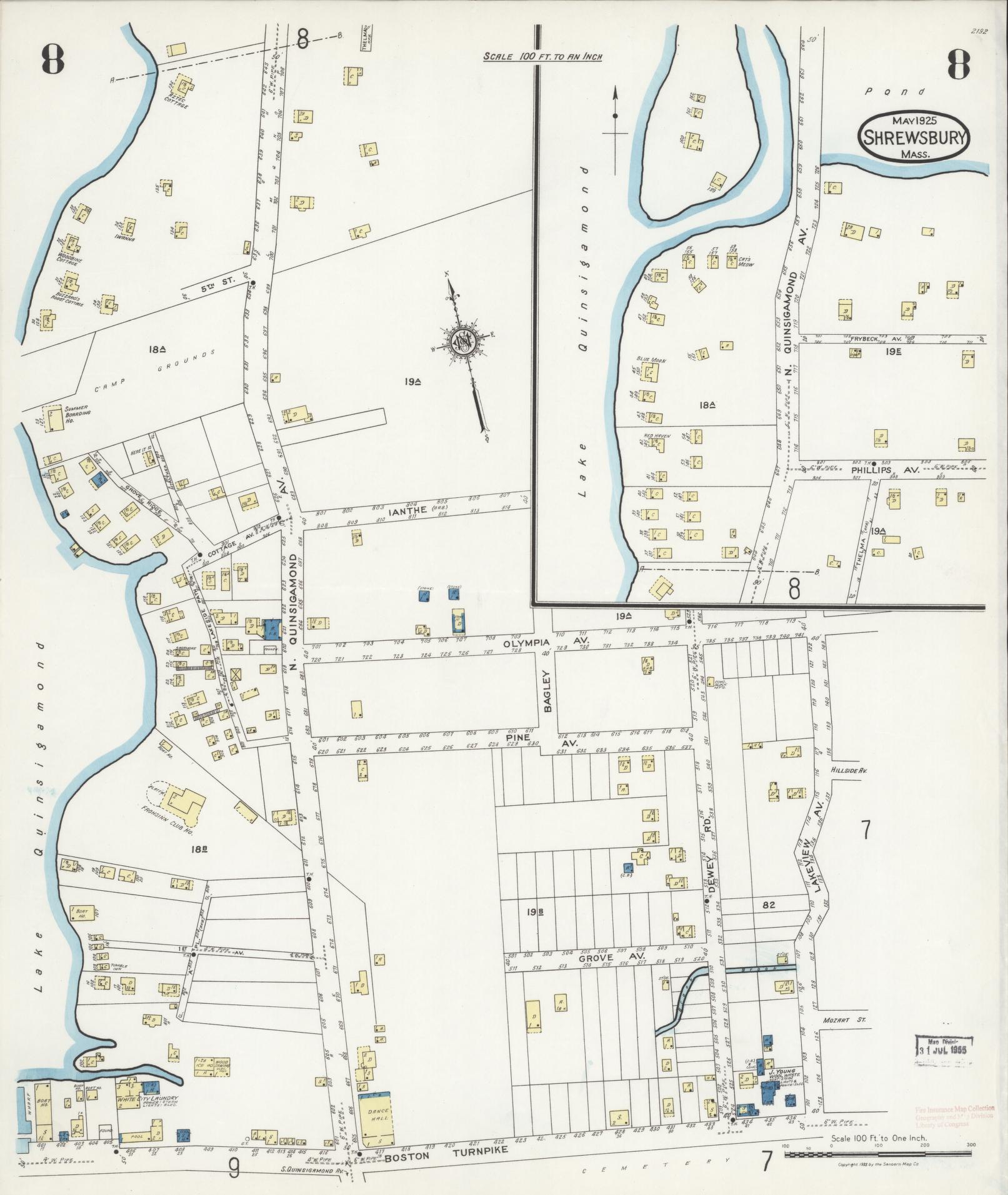 Sanborn Fire Insurance Map from Shrewsbury, Worcester County, Massachusetts (1925), Sheet #0008 - Complete Map Set gallery image, historic Sanborn map, vintage wall art, Massachusetts Massachusetts
