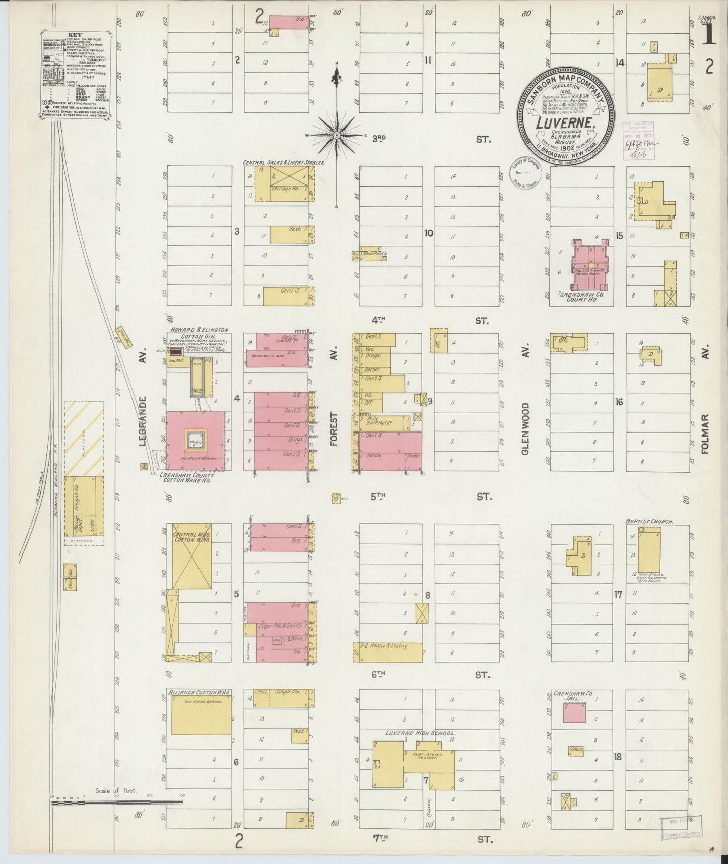 Sanborn Fire Insurance Map from Luverne, Crenshaw County, Alabama (1902), Sheet #0001 - Historic Sanborn Fire Insurance Map Print, vintage old map wall art, antique decor, genealogy gift, Alabama Alabama map