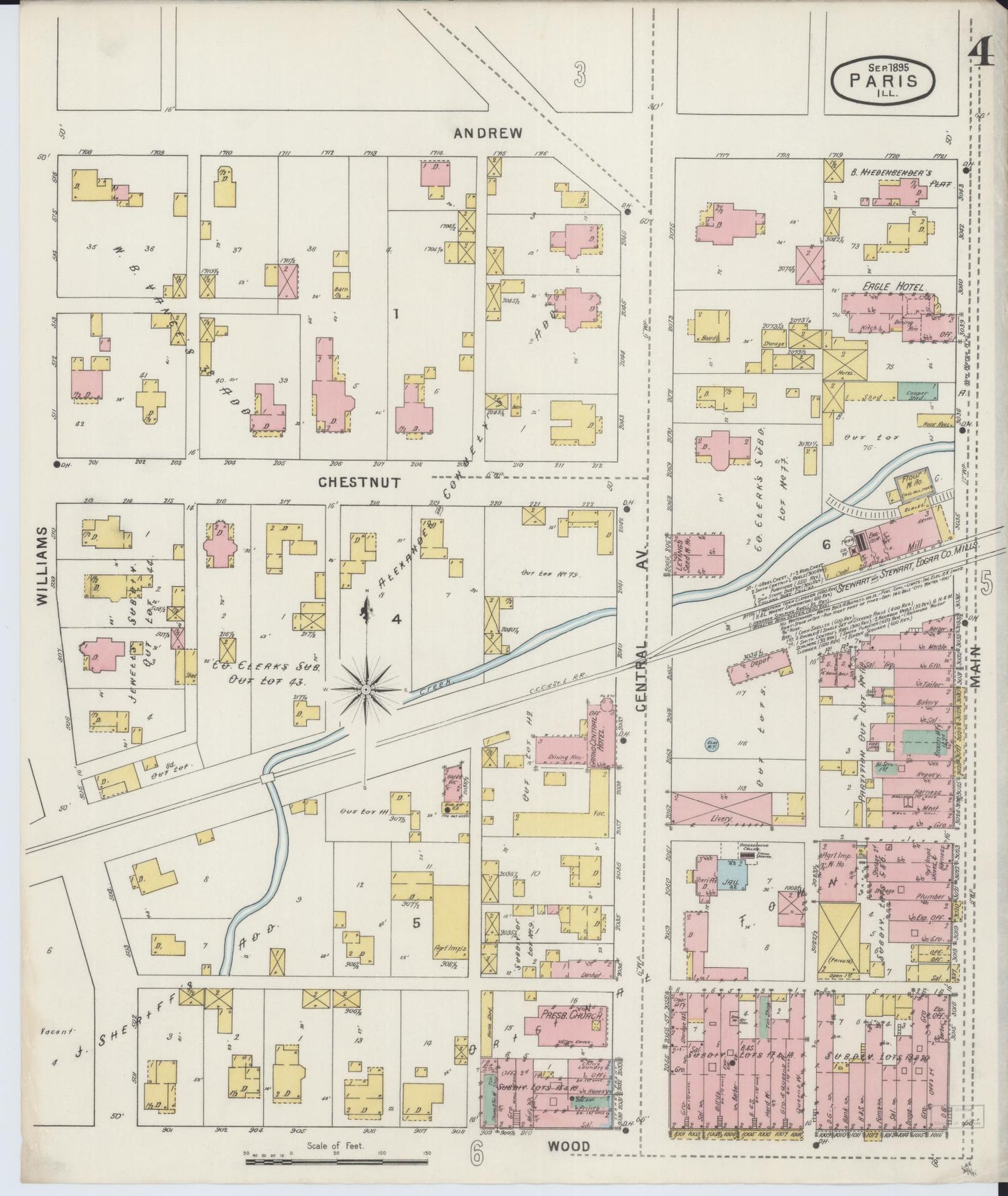 Sanborn Fire Insurance Map from Paris, Edgar County, Illinois (1895), Sheet #0004 - Historic Sanborn Fire Insurance Map Print, vintage old map wall art, antique decor, genealogy gift, Illinois Illinois map