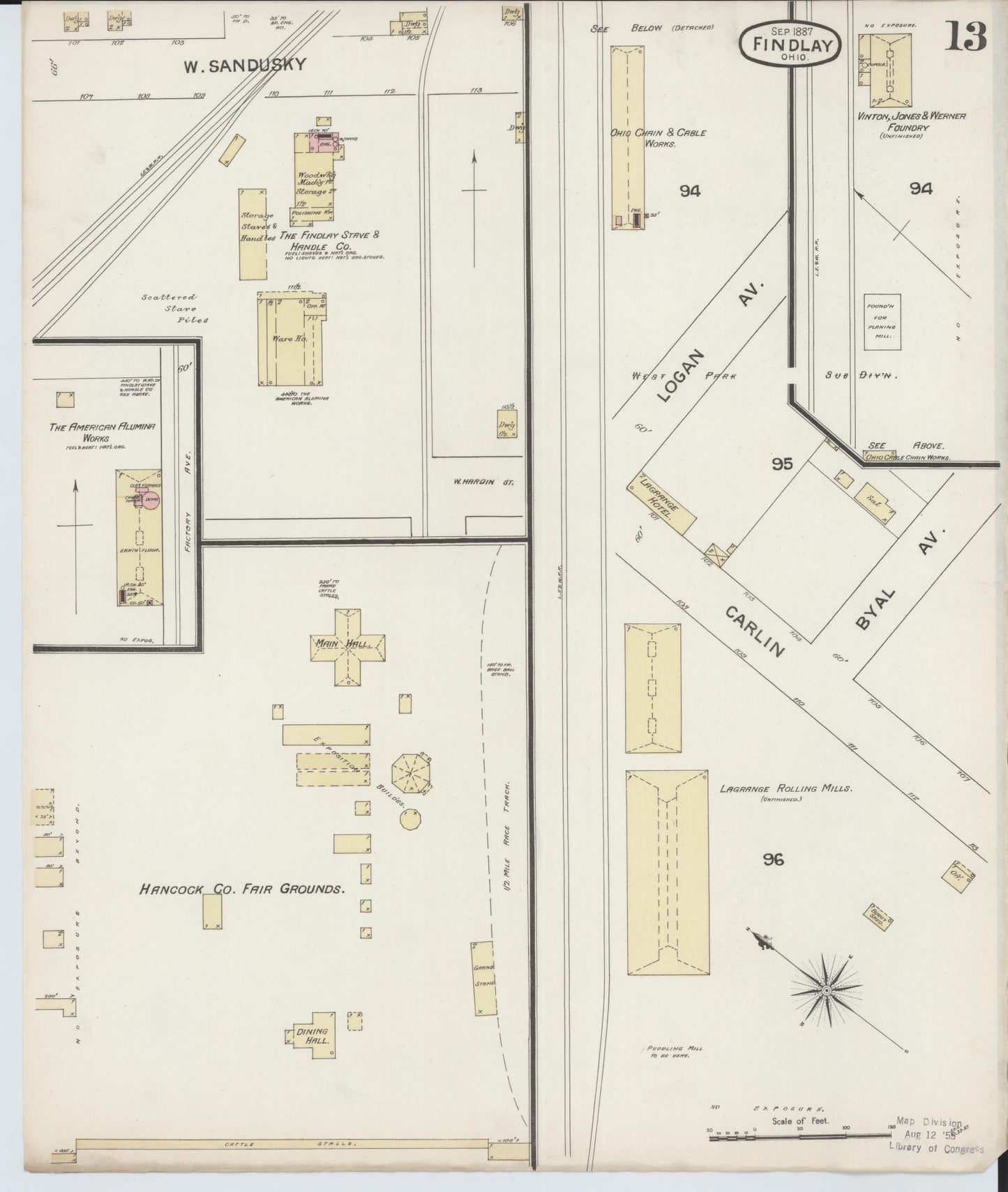 Sanborn Fire Insurance Map from Findlay, Hancock County, Ohio (1887), Sheet #0013 - Historic Sanborn Fire Insurance Map Print, vintage old map wall art, antique decor, genealogy gift, Ohio Ohio map