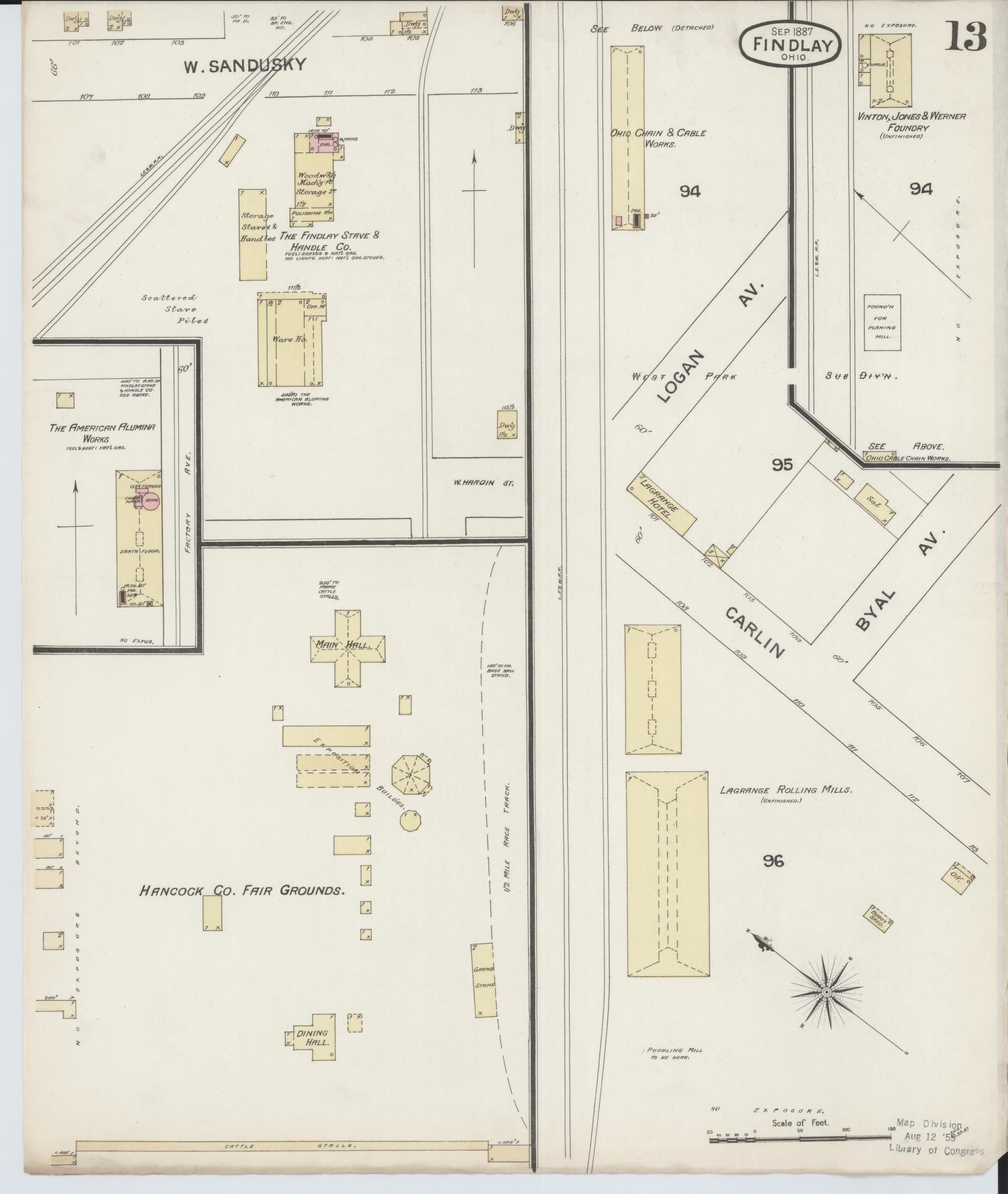 Sanborn Fire Insurance Map from Findlay, Hancock County, Ohio (1887), Sheet #0013 - Historic Sanborn Fire Insurance Map Print, vintage old map wall art, antique decor, genealogy gift, Ohio Ohio map