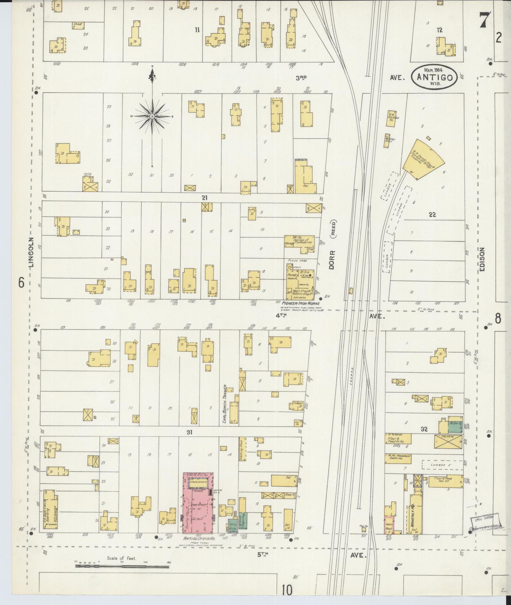 Sanborn Fire Insurance Map from Antigo, Langlade County, Wisconsin (1904), Sheet #0007 - Historic Sanborn Fire Insurance Map Print, vintage old map wall art, antique decor, genealogy gift, Wisconsin Wisconsin map