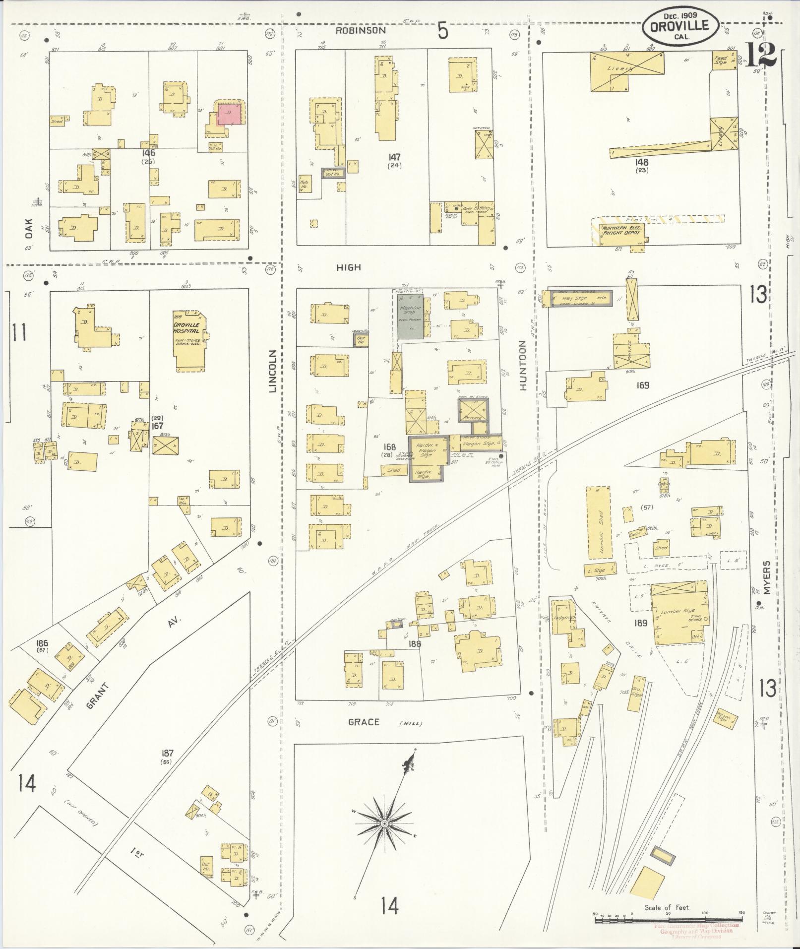 Sanborn Fire Insurance Map from Oroville, Butte County, California (1909), Sheet #0012 - Complete Map Set gallery image, historic Sanborn map, vintage wall art, California California