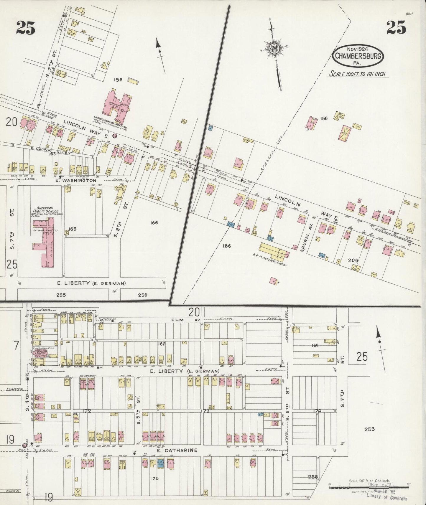 Sanborn Fire Insurance Map from Chambersburg, Franklin County, Pennsylvania (1924), Sheet #0025 - Historic Sanborn Fire Insurance Map Print, vintage old map wall art, antique decor, genealogy gift, Pennsylvania Pennsylvania map