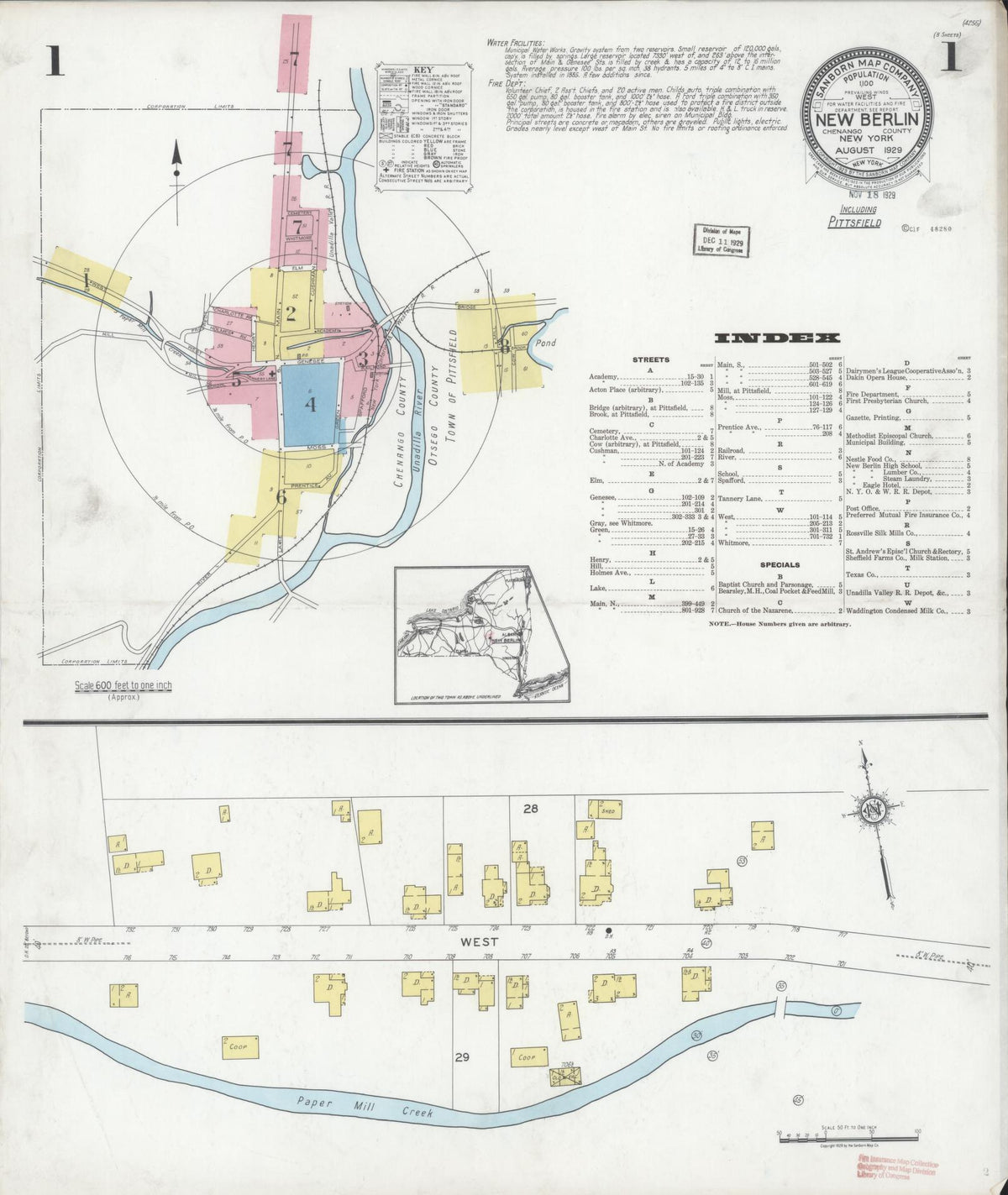 Sanborn Fire Insurance Map from New Berlin, Chenango County, New York (1929), Sheet #0001 - Complete Map Set gallery image, historic Sanborn map, vintage wall art, New York New York