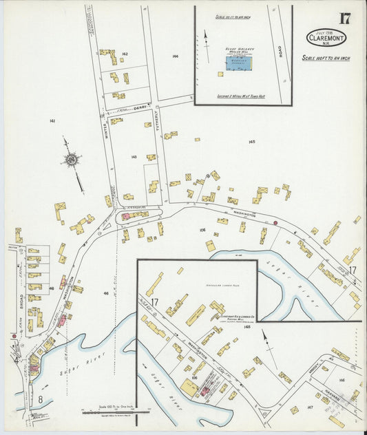 Sanborn Fire Insurance Map from Claremont, Sullivan County, New Hampshire (1918), Sheet #0017 - Historic Sanborn Fire Insurance Map Print, vintage old map wall art, antique decor, genealogy gift, New Hampshire New Hampshire map