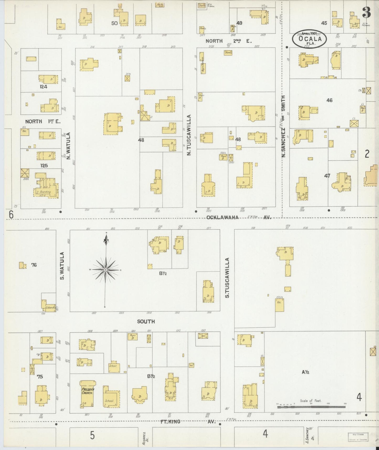 Sanborn Fire Insurance Map from Ocala, Marion County, Florida (1901), Sheet #0003 - Complete Map Set gallery image, historic Sanborn map, vintage wall art, Florida Florida