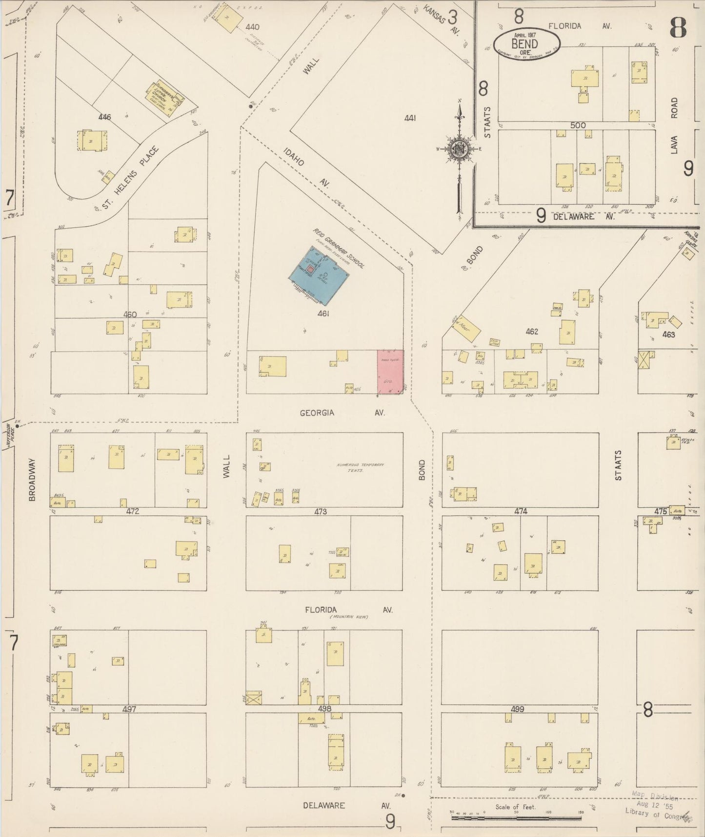 Sanborn Fire Insurance Map from Bend, Deschutes County, Oregon (1917), Sheet #0008 - Historic Sanborn Fire Insurance Map Print, vintage old map wall art, antique decor, genealogy gift, Oregon Oregon map