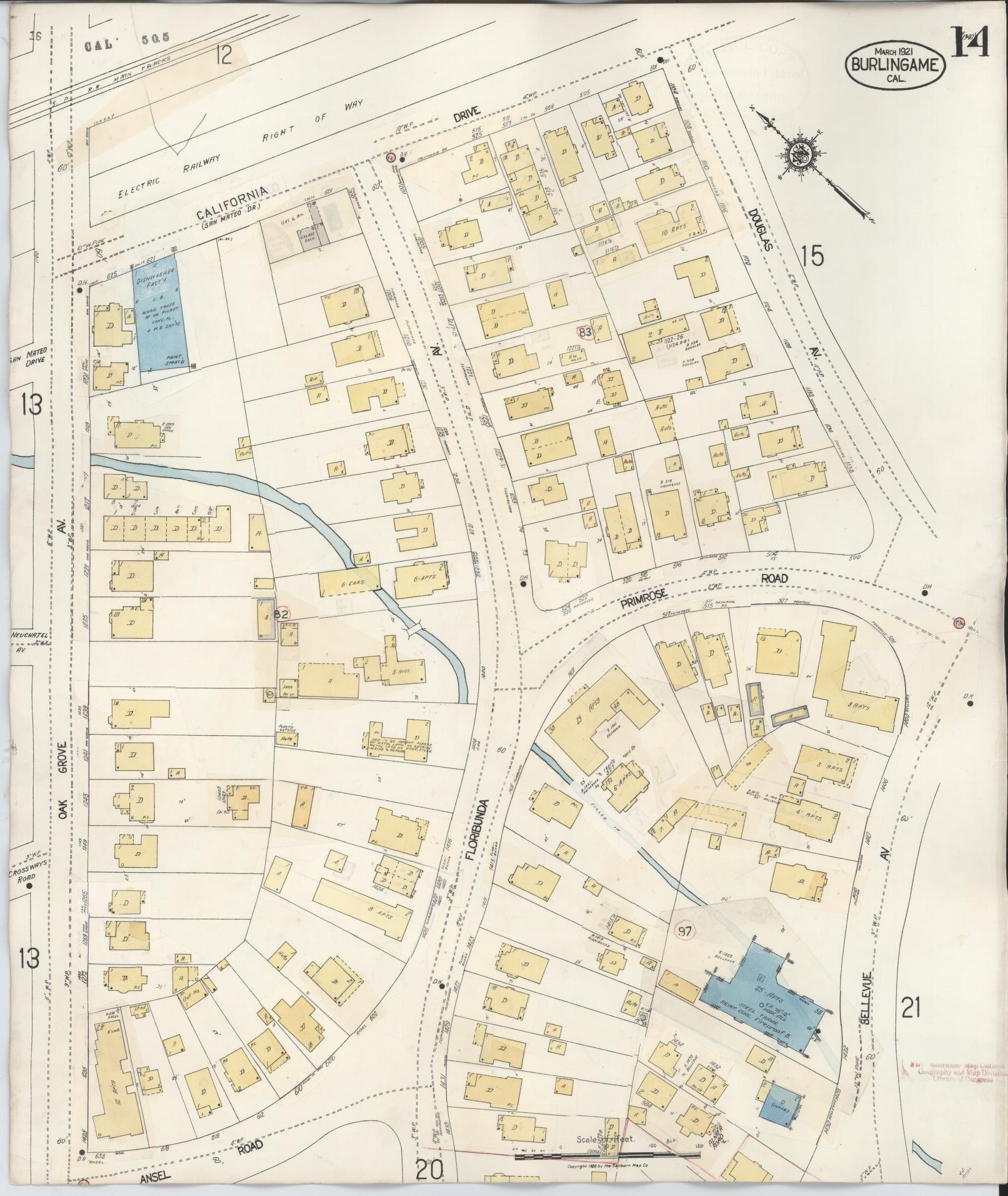 Sanborn Fire Insurance Map from Burlingame, San Mateo County, California (1949), Sheet #0014 - Complete Map Set gallery image, historic Sanborn map, vintage wall art, California California