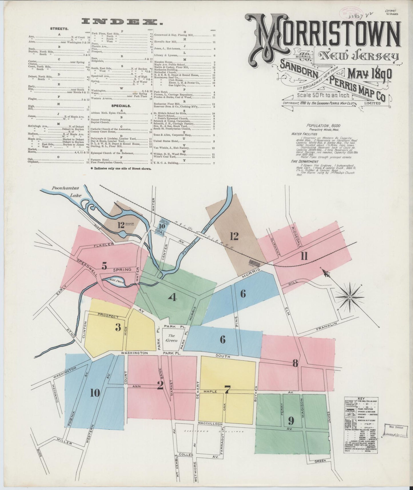 Sanborn Fire Insurance Map from Morristown, Morris County, New Jersey. (1890) – Historic Sanborn Fire Insurance Map Print