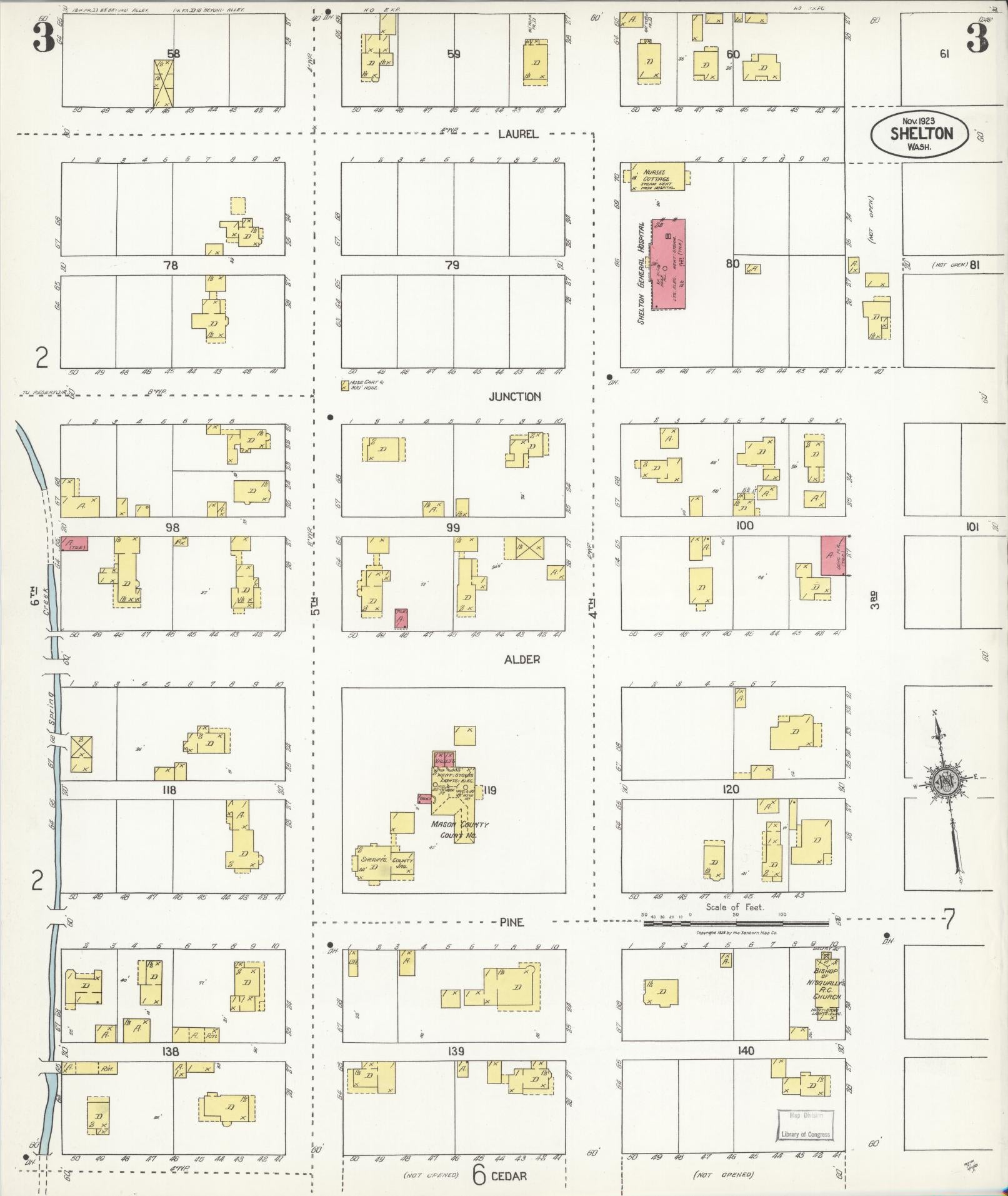 Sanborn Fire Insurance Map from Shelton, Mason County, Washington (1923), Sheet #0003 - Complete Map Set gallery image, historic Sanborn map, vintage wall art, Washington Washington