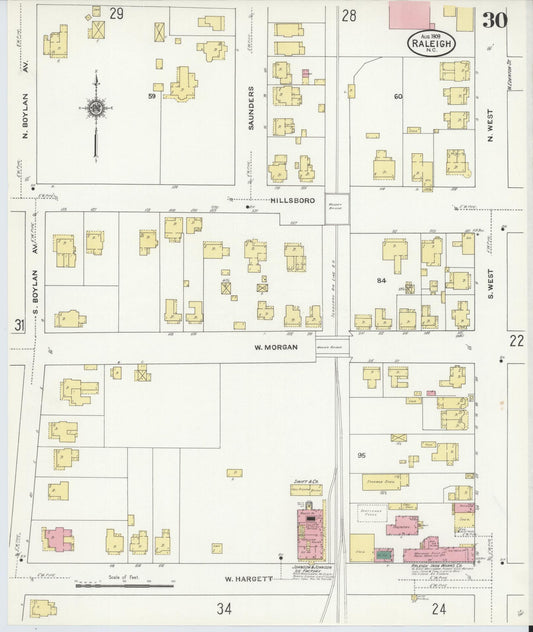 Sanborn Fire Insurance Map from Raleigh, Wake County, North Carolina (1909), Sheet #0030 - Historic Sanborn Fire Insurance Map Print, vintage old map wall art, antique decor, genealogy gift, North Carolina North Carolina map