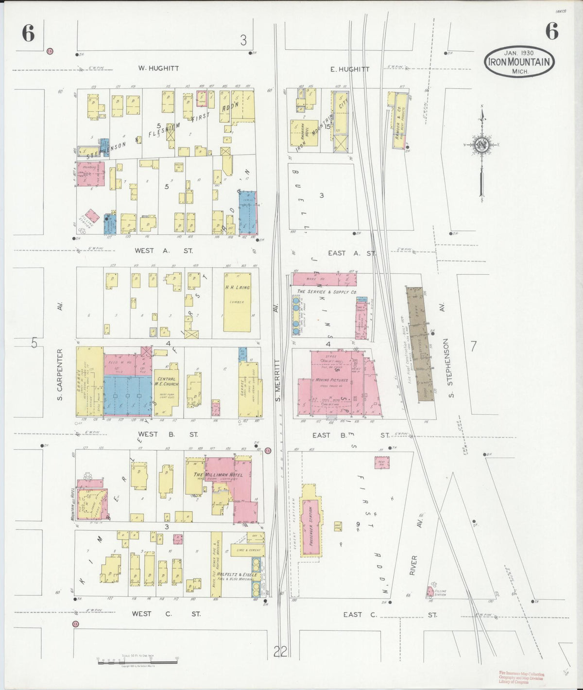 Sanborn Fire Insurance Map from Iron Mountain, Dickinson County, Michigan (1930), Sheet #0006 - Historic Sanborn Fire Insurance Map Print, vintage old map wall art, antique decor, genealogy gift, Michigan Michigan map