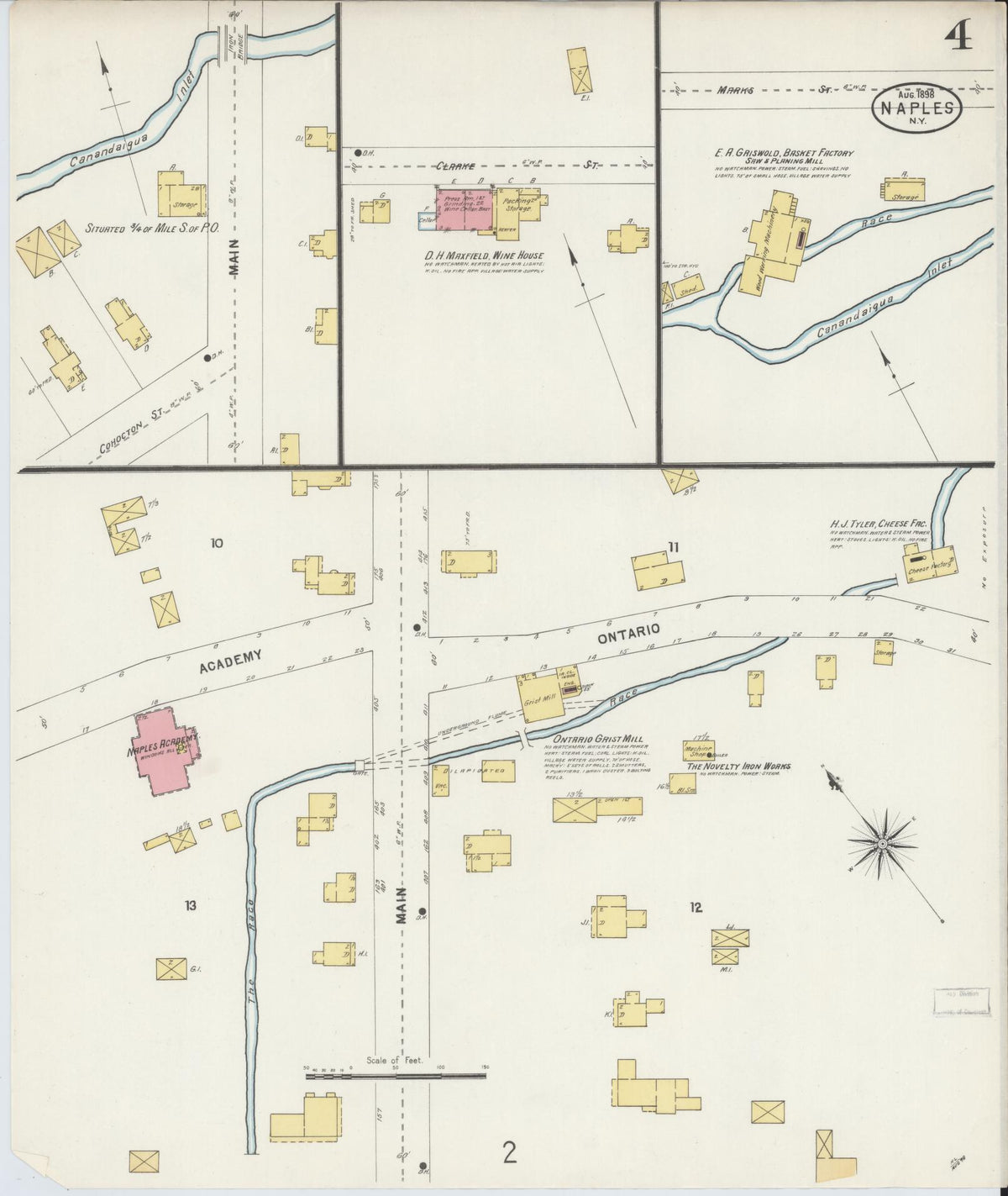 Sanborn Fire Insurance Map from Naples, Ontario County, New York (1898), Sheet #0004 - Historic Sanborn Fire Insurance Map Print, vintage old map wall art, antique decor, genealogy gift, New York New York map
