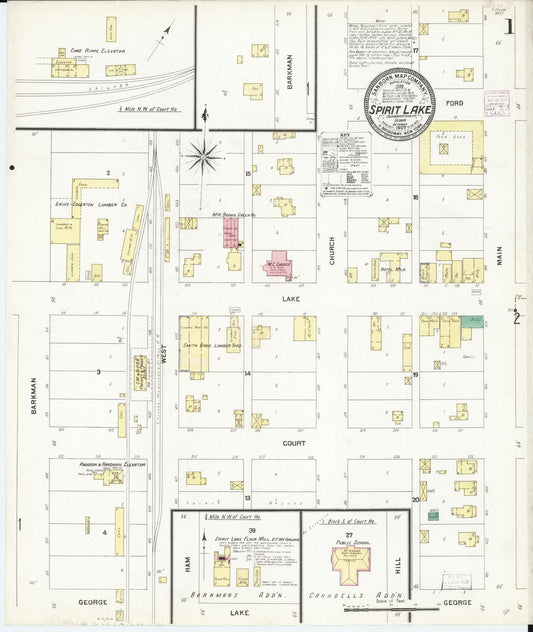 Sanborn Fire Insurance Map from Spirit Lake, Dickinson County, Iowa (1907), Sheet #0001 - Historic Sanborn Fire Insurance Map Print, vintage old map wall art