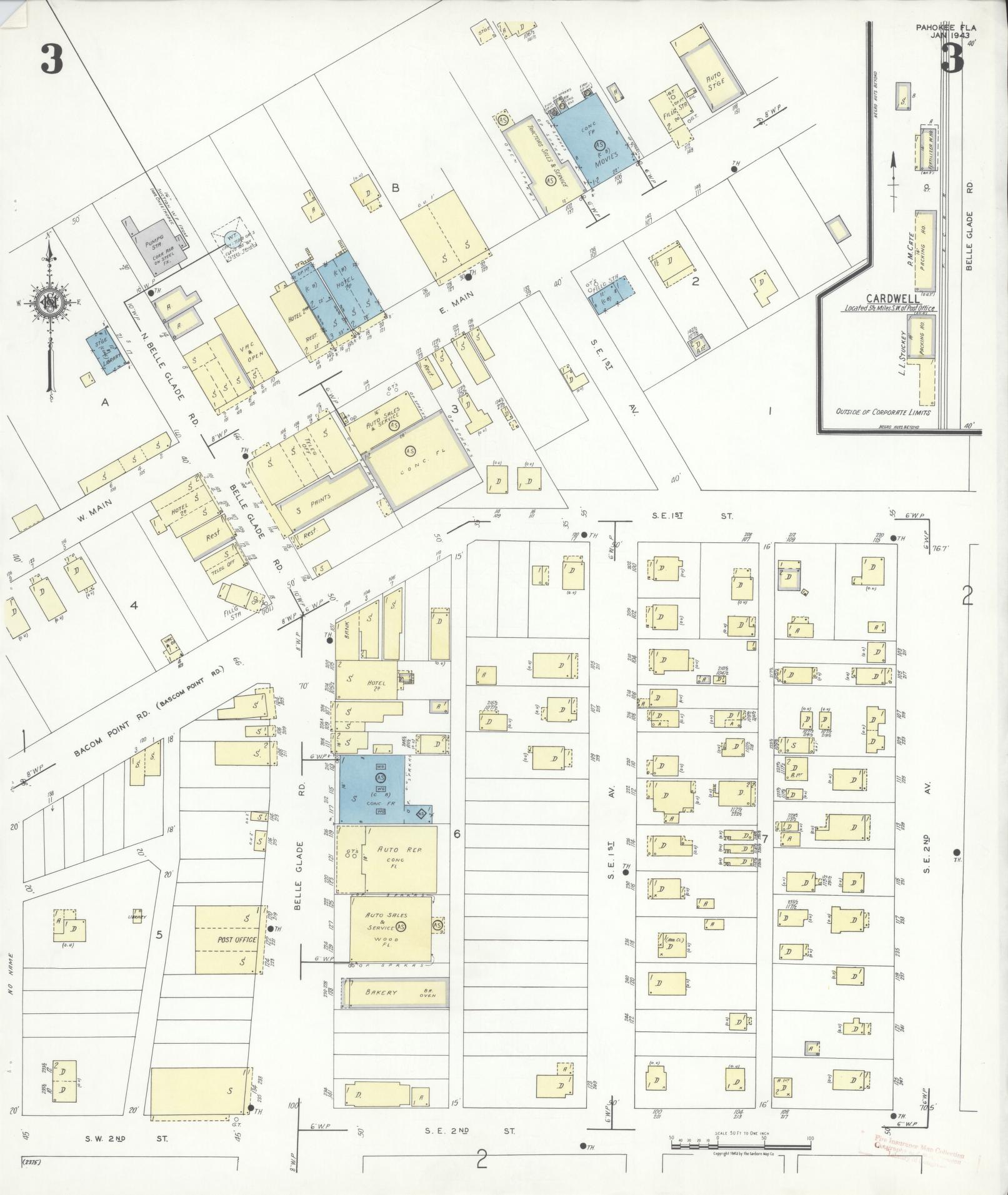 Sanborn Fire Insurance Map from Pahokee, Palm Beach County, Florida (1943), Sheet #0003 - Complete Map Set gallery image, historic Sanborn map, vintage wall art, Florida Florida