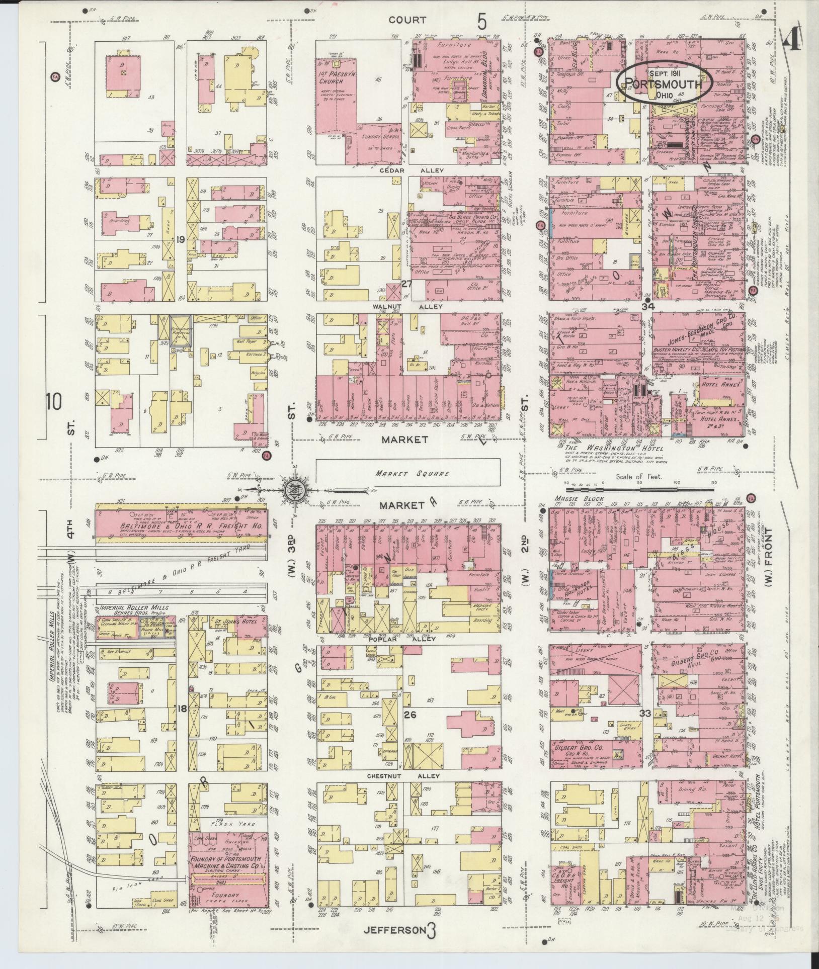 Sanborn Fire Insurance Map from Portsmouth, Scioto County, Ohio (1911), Sheet #0004 - Historic Sanborn Fire Insurance Map Print, vintage old map wall art, antique decor, genealogy gift, Ohio Ohio map
