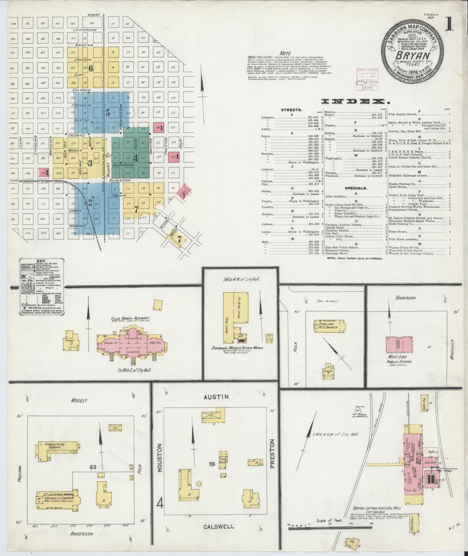 Sanborn Fire Insurance Map from Bryan, Brazos County, Texas (1906), Sheet #0001 - Historic Sanborn Fire Insurance Map Print, vintage old map wall art, antique decor, genealogy gift, Texas Texas map
