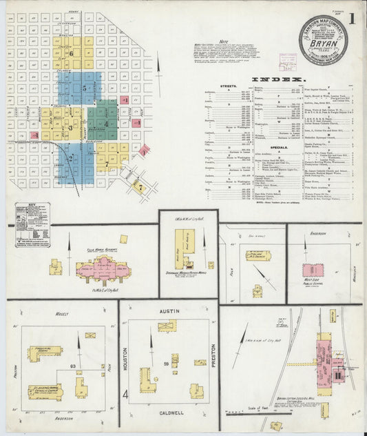 Sanborn Fire Insurance Map from Bryan, Brazos County, Texas (1906), Sheet #0001 - Historic Sanborn Fire Insurance Map Print, vintage old map wall art, antique decor, genealogy gift, Texas Texas map